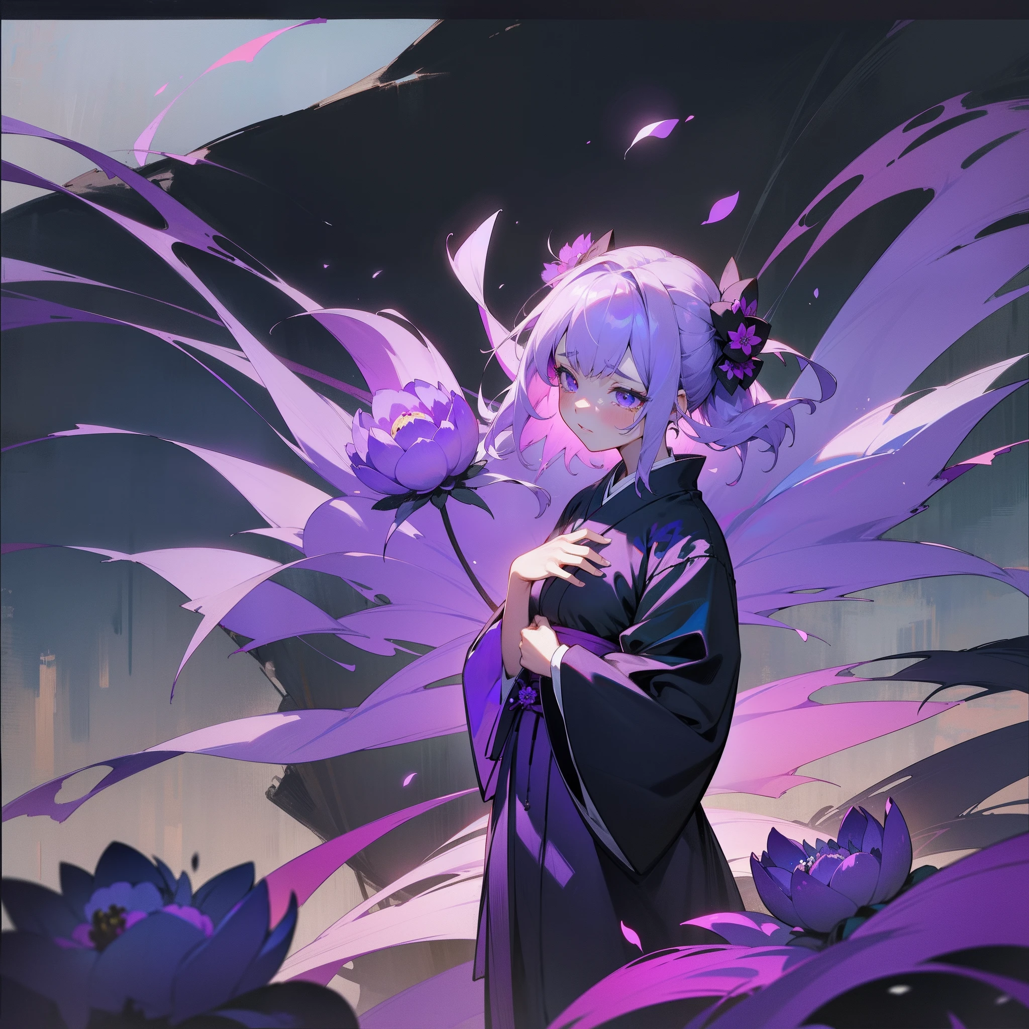 Lonely girl standing with fluttering white and purple hair。Black and purple kimono、Abundantly blooming peony flowers、Symbolizes despair and sadness、With tears in my eyes、There was anger in her eyes.、The world around her is black、Cold、ruthless、Top image quality、Landscape painting、Nero、Purple peony flowers、Under Black