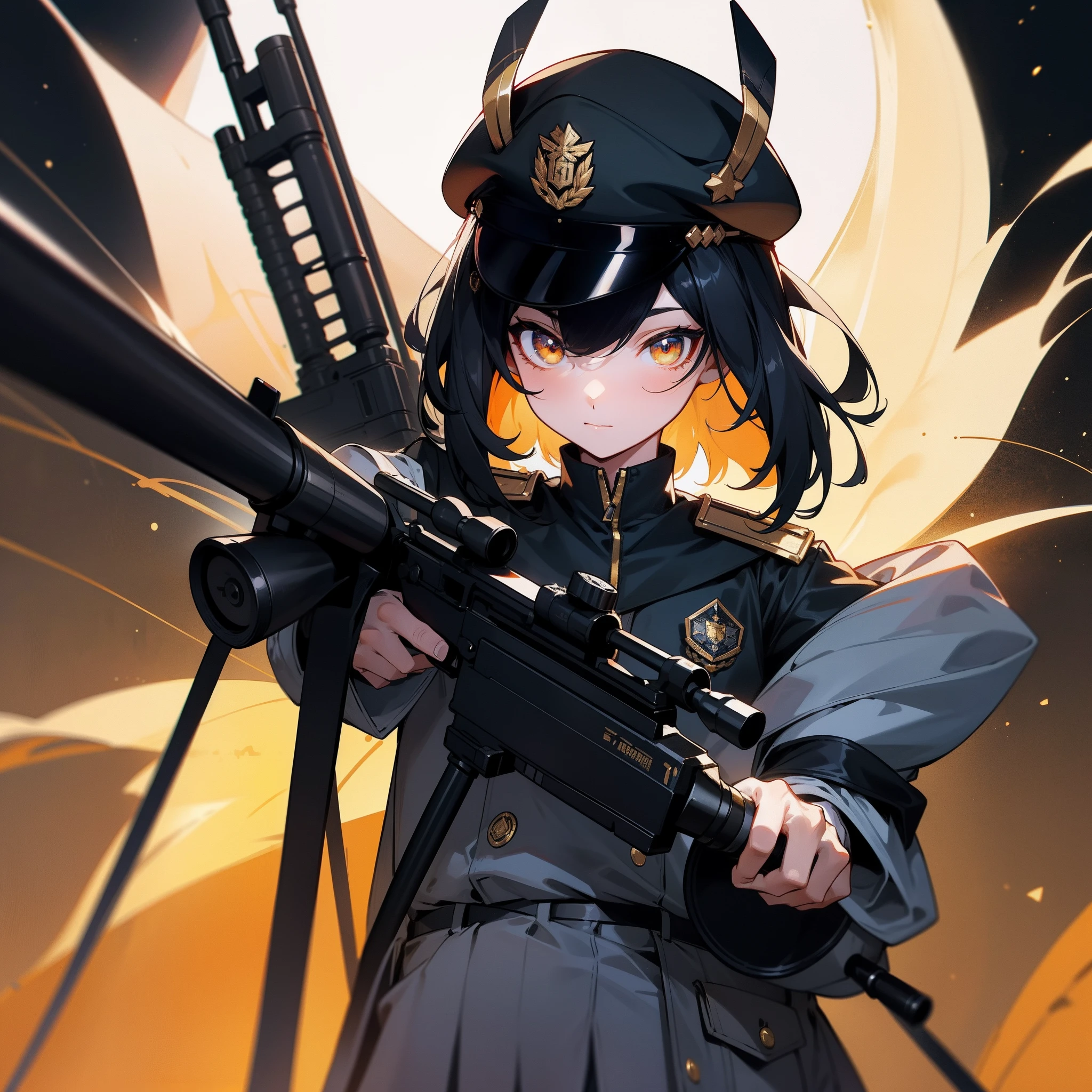 black color hair，police hat，Golden pupils，White horns，The background is the universe，teens girl，The captain's clothes，With a 98k sniper rifle ，He has a police badge on him，4K，Dingdall effect