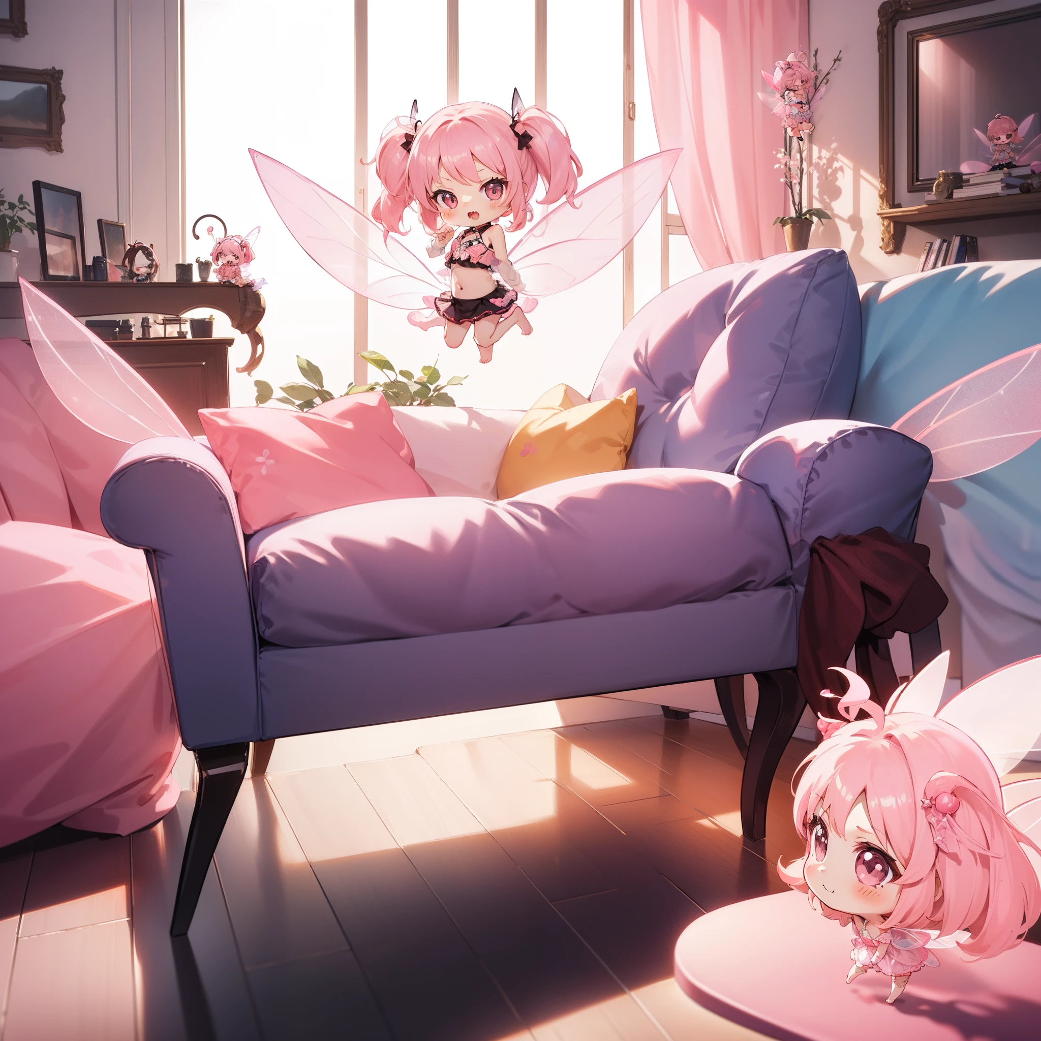(Chibi:1.8),(very cute female child:1.5),(10 yo),(Clothes with peach-colored ruffles:1.8, Barefoot),(Transparent fairy wings:1.6),BRAKE Summer,action:1.6,dynamic pose,dynamic angle,dutch angl,low angle,full body shot,medium shot,BRAKE (flat chest:1.5),(Cute PINK Living room:1.8),BREAK4K, (Raw photo: 1.2), (masutepiece: 1.3), (exquisite detailing: 1.2), Delicate and beautiful details, (Eye Detail), (Facial Detailed), (Highest Quality) :1.4), (Hyper-Resolution: 1.2),(very detailed illustration), Best Quality,depth of fields, Wide light, natural shadows
