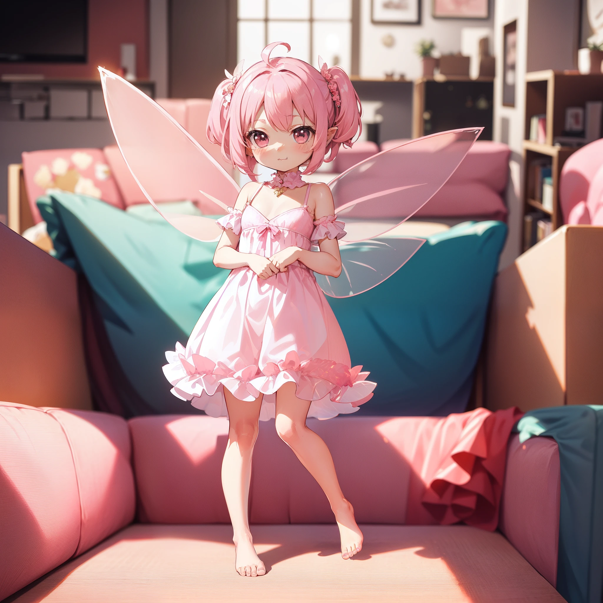 (Chibi:1.8),(very cute female child:1.5),(10 yo),(Clothes with peach-colored ruffles:1.8, Barefoot),(Transparent fairy wings:1.6),BRAKE Summer,action:1.6,dynamic pose,dynamic angle,dutch angl,low angle,full body shot,medium shot,BRAKE (flat chest:1.5),(Cute PINK Living room:1.8),BREAK4K, (Raw photo: 1.2), (masutepiece: 1.3), (exquisite detailing: 1.2), Delicate and beautiful details, (Eye Detail), (Facial Detailed), (Highest Quality) :1.4), (Hyper-Resolution: 1.2),(very detailed illustration), Best Quality,depth of fields, Wide light, natural shadows