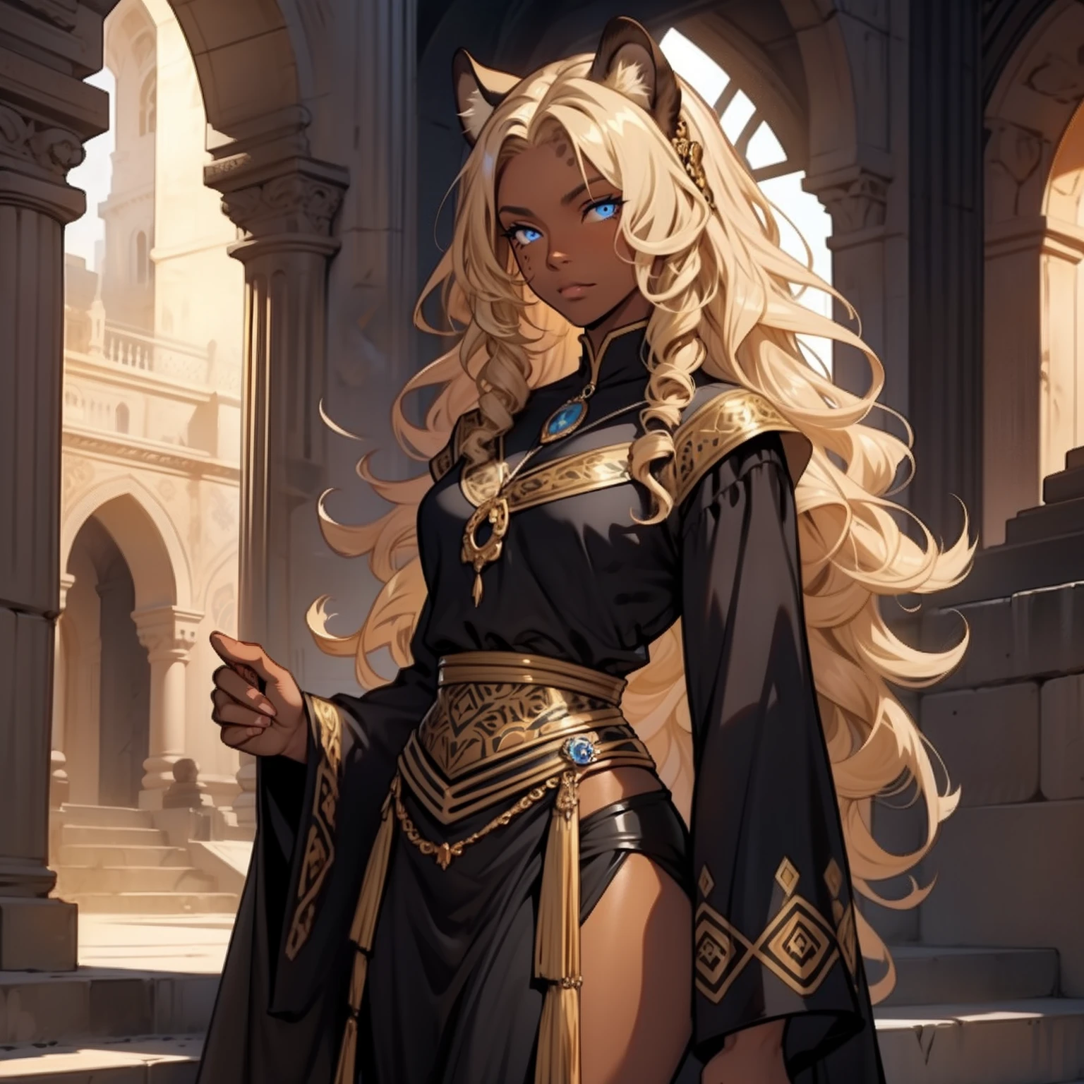 Dark Skin Woman. Cheetah Woman. Blue eyes. Blond hair. Dark skin Woman. Medieval art. Curly Hair. Curly Blond Hair. Alone. DARK SKIN. Cheetah Ears