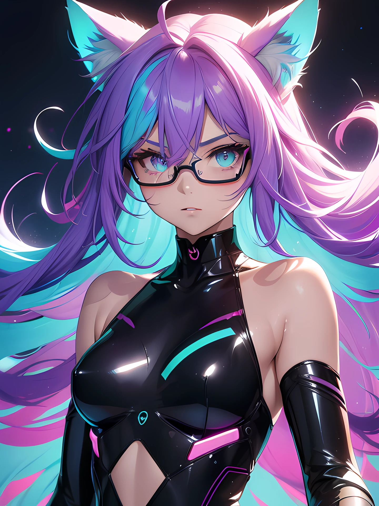 (Cat ears), realistic shadow, realistic lighting, Rainbow color effect, ((cybernetic anime girl)), (glasses), collarbone, side cut, looking at viewer, blurry background, neon, freckles, (best quality), (high resolution), (sharp focus), (ultra detailed), (extremely detailed), (extremely high quality artwork), flawless, (((masterpiece))), vibrant colors, (intricate), High contrast, strong shadows, HDR (High Dynamic Range), Post-processing, (((liquid paint hair:1.1,neon purple hair|neon aqua hair|purple hair|fuchsia hair|amethyst hair|neon hair|bright blue hair :1.5,bright hair: 1.3,hair made of paint and defies gravity,thick flowing,paint splatter:1.3,shiny hair: 1.3,vibrant colored hair))), top rated on pixiv, perfect eyes, beautiful detailed eyes ,gradient eyes, (((lustrous skin:1.5,bright skin: 1.5,skin tanned,shiny skin, very shiny skin, shiny body, plastic glitter skin,exaggerated shiny skin))), wide hip, athletic body, detailed body, detailed arms, human hands, detailed hands,), cute, fluorescent and neon clothing, (dynamic pose:1.0)