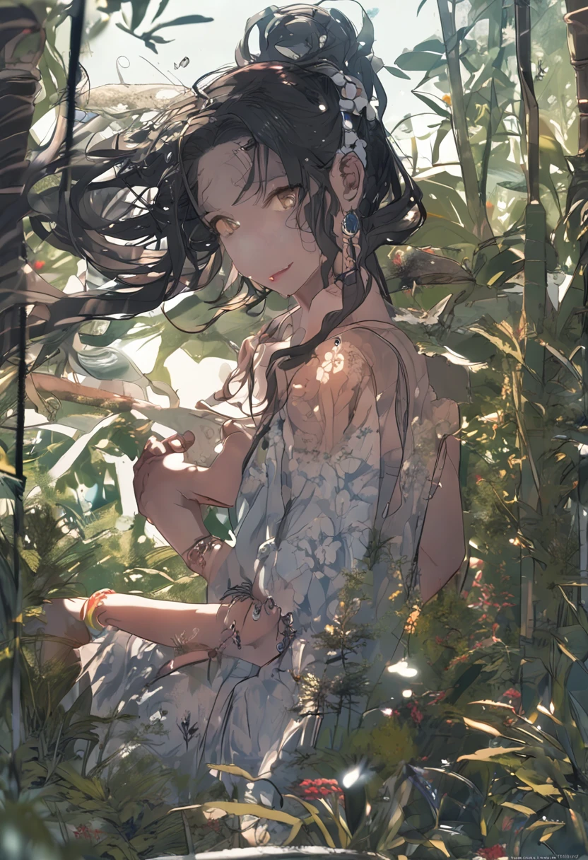 alone in the universe, in watercolor style, Photorealism, discreet golden and ruby and mint shades, (nude) a gentle, modest, thin girl of with a very beautiful, sophisticated face of the southern type with a short dark hairstyle with beautiful breasts with tender nipples (barefoot) in a long old beige skirt walking in the distance (Across the desert) with a metal flask of wine, stunted little plants, drought, precious jewelry on the neck and chest and on the wrists, precious bracelets, ankle bracelets
