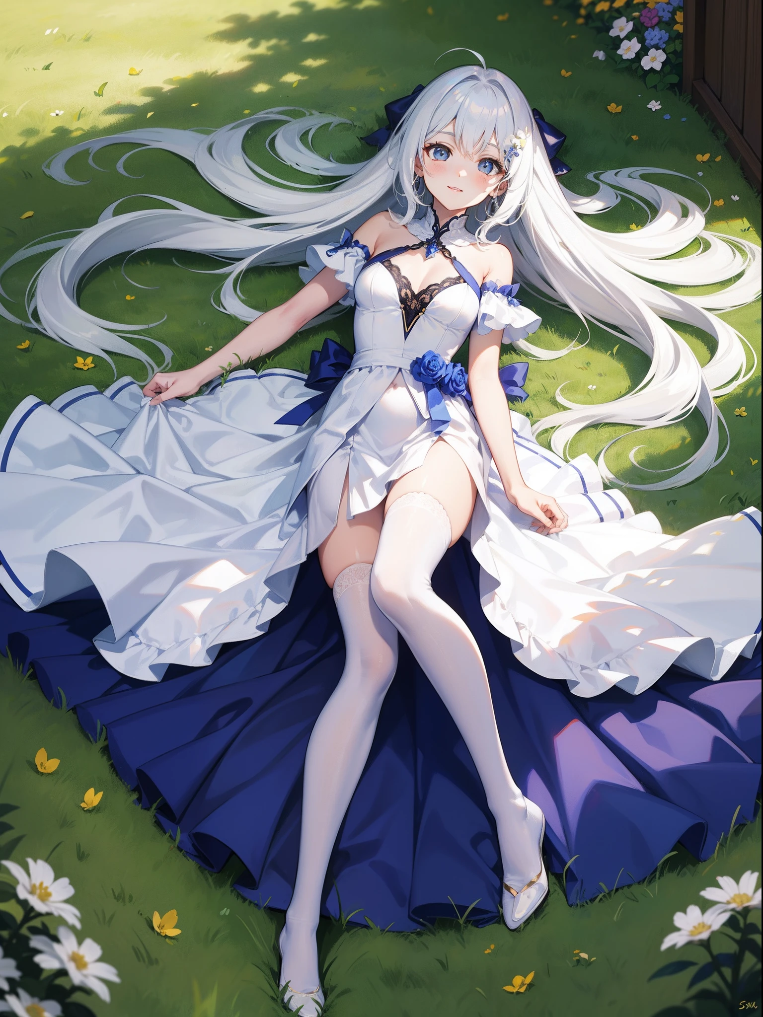 robe blanche,depth of fields,Tilt forward,Floating hair,cabelos preto e longos,ssmile,outside of house,blue-sky,云,mare,white stockings,lying on the lawn