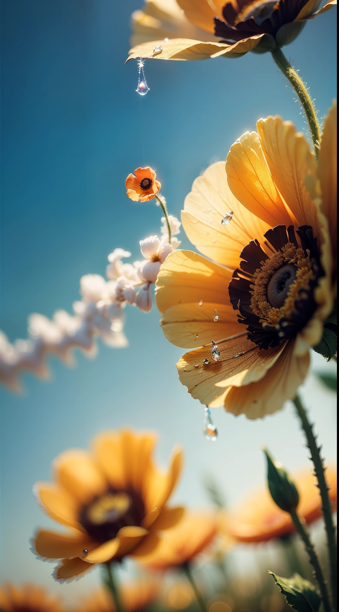 microscopic world , Masterpiece , Macro photography , cobweb, film grain, bokeh , smoke , highly detailed, Bright sunny weather, microflowers, drops, blur, realistic poppy close-up, azure background, octane render
