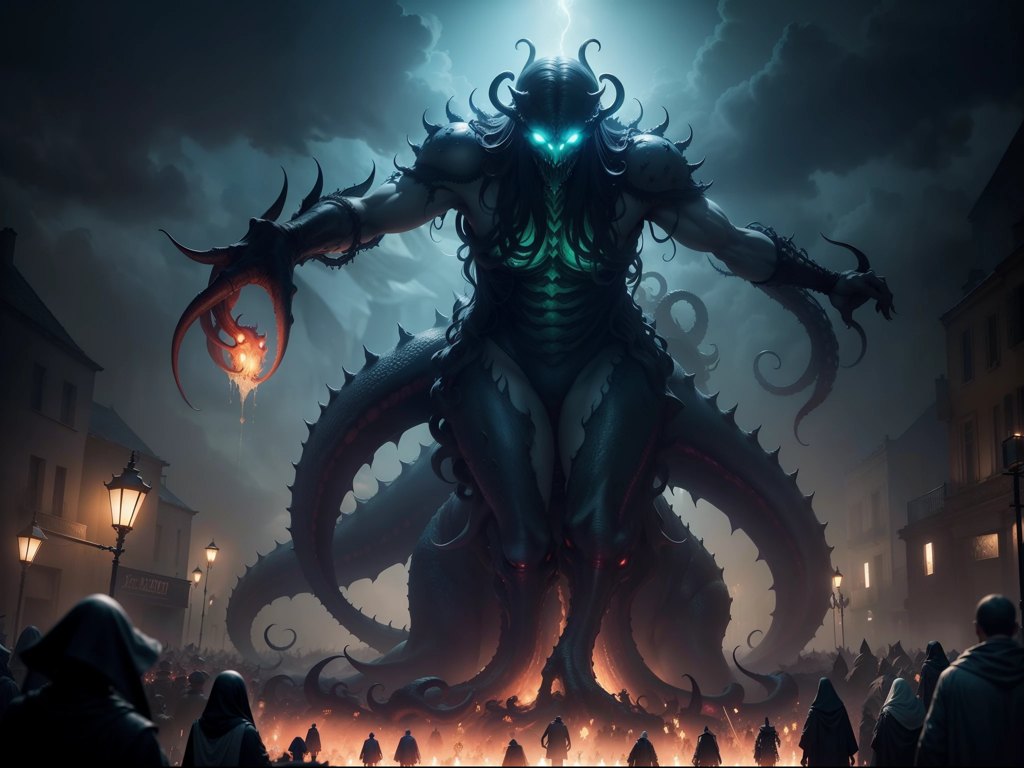arafed image of a man standing in front of a giant octopus, cthulhu rising from the ocean, gigantic cthulhu, giant cthulhu, photo of cthulhu, cthulhu squid, dan mumford tom bagshaw, dan mumford. octane render, call of cthulhu, dan mumford. concept art, leviathan cthulhu squid, cthulhu, inspired by lovecraft, lovecraftian horror