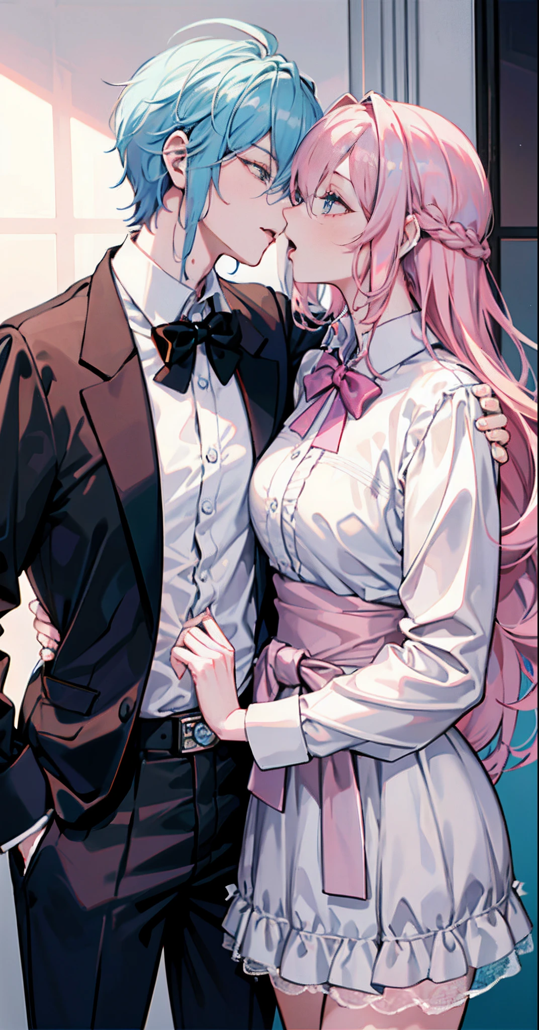 Male and female couples, Idol couple, Idol Photos, Magazine covers, Photos of actors, Professional Photos, Height difference, Tall, Happiness, youthfulness, lovey-dovey, Deep kiss, Juice dripping from the mouth, extra detailed face, detailed punk hair, very detailed character, inspired by Sim Sa-jeong, single realistic face, Cai Xukun's, detailed realistic faces, highly detailed realistic face, high detailed face anime, realistic detailed face, Accurate detailed face, attractive androgynous humanoid, Black Casual Idol Costume, ((Man with light blue hair)), ((Woman with pink hair)), ((Woman with long hair below waist)), ((Man with short hair over ears)), ((Pink hair woman with gentle expression)), ((Man with light blue hair with wild expression)), high-level image quality, masterpiece, Photographed so that the whole body can be seen, Photographed to make clothes look beautiful, Take your eyes off, ((two individuals))