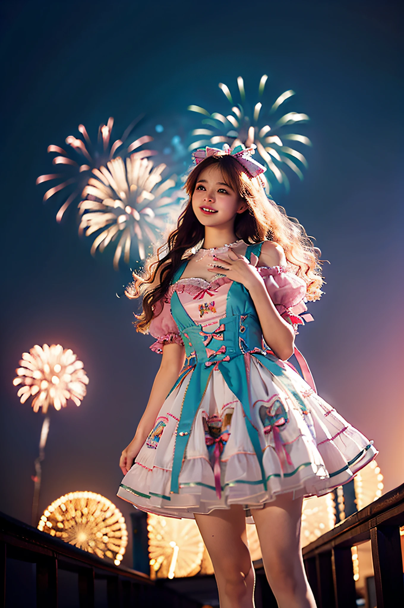 ((masterpiece)), (best quality), 8k, high detailed, ultra-detailed, At night, a 24-year-old woman wearing a pink Lolita dress and white stockings, ((dreamlike atmosphere: 1.1)), enchanting and whimsical style, masterpiece, raw, scene resembling a fairytale illustration, intricate details showcasing the frills and delicate design of the Lolita dress, Subtlety, Dreamlike Aesthetic, Magical, Whimsical, white stockings adding a touch of elegance, Subtlety, Dreamlike Aesthetic, 'romantic, ethereal, enchanting, mesmerizing, whimsical, magical', colorful fireworks illuminating the sky, creating a breathtaking display of light and color, Realism, VFX, FXAA, TXAA, RTX, SSAO, Shaders, No noise, Ambient Lighting, Tone Mapping, Sparkling fireworks, high resolution, ultra HD, megapixel, (8k resolution: 1.10), 8k, 8kres, 8k res, high details, intricate details, a look of wonder and awe on her face, (high quality: 1.2, masterpiece: 1.2, : 1.21), (24-year-old woman: 1.21), (raising her hand to the sky, following the path of the fireworks), (giggling with excitement), (surrounded by the magical atmosphere of the amusement park), as she stands in the amusement park, dressed in her pink Lolita dress and white stockings, she becomes captivated by the mesmerizing fireworks display, her eyes filled with wonder and joy,