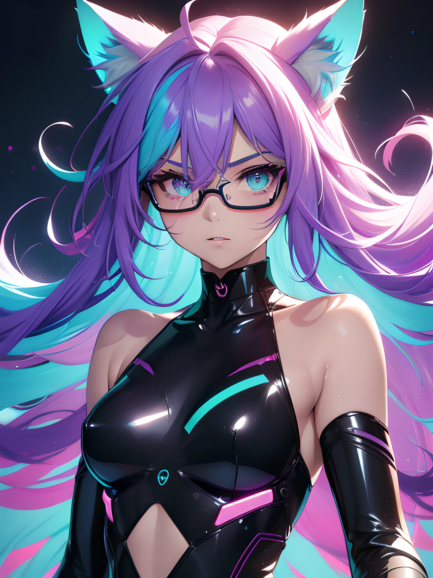 (Cat ears), realistic shadow, realistic lighting, Rainbow color effect, ((cybernetic anime girl)), (glasses), collarbone, side cut, looking at viewer, blurry background, neon, freckles, (best quality), (high resolution), (sharp focus), (ultra detailed), (extremely detailed), (extremely high quality artwork), flawless, (((masterpiece))), vibrant colors, (intricate), High contrast, strong shadows, HDR (High Dynamic Range), Post-processing, (((liquid paint hair:1.1,neon purple hair|neon aqua hair|purple hair|fuchsia hair|amethyst hair|neon hair|bright blue hair :1.5,bright hair: 1.3,hair made of paint and defies gravity,thick flowing,paint splatter:1.3,shiny hair: 1.3,vibrant colored hair))), top rated on pixiv, perfect eyes, beautiful detailed eyes ,gradient eyes, (((lustrous skin:1.5,bright skin: 1.5,skin tanned,shiny skin, very shiny skin, shiny body, plastic glitter skin,exaggerated shiny skin))), wide hip, athletic body, detailed body, detailed arms, human hands, detailed hands,), cute, fluorescent and neon clothing, (dynamic pose:1.0)