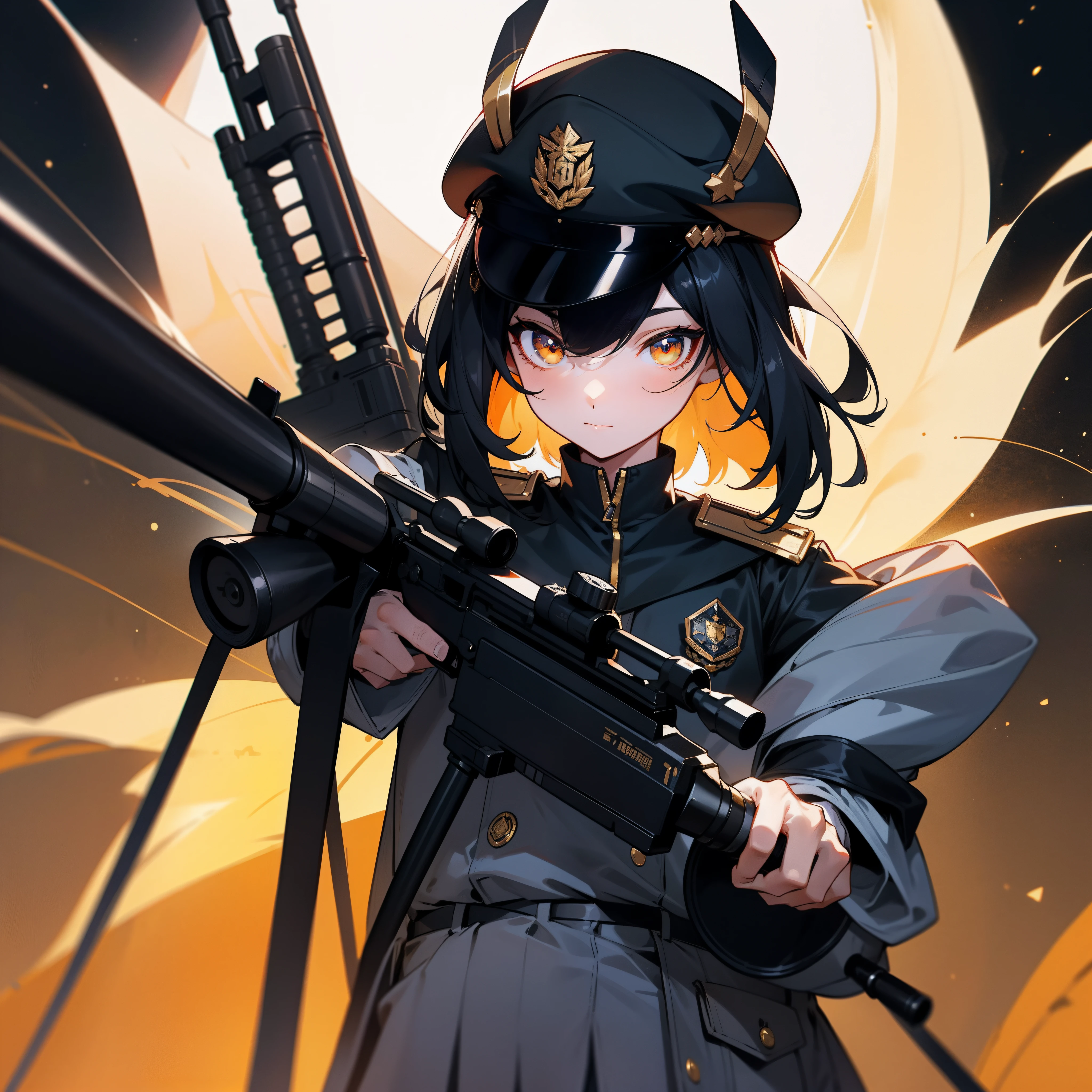 black color hair，police hat，Golden pupils，White horns，The background is the universe，teens girl，The captain's clothes，With a 98k sniper rifle ，He has a police badge on him，4K，Dingdall effect