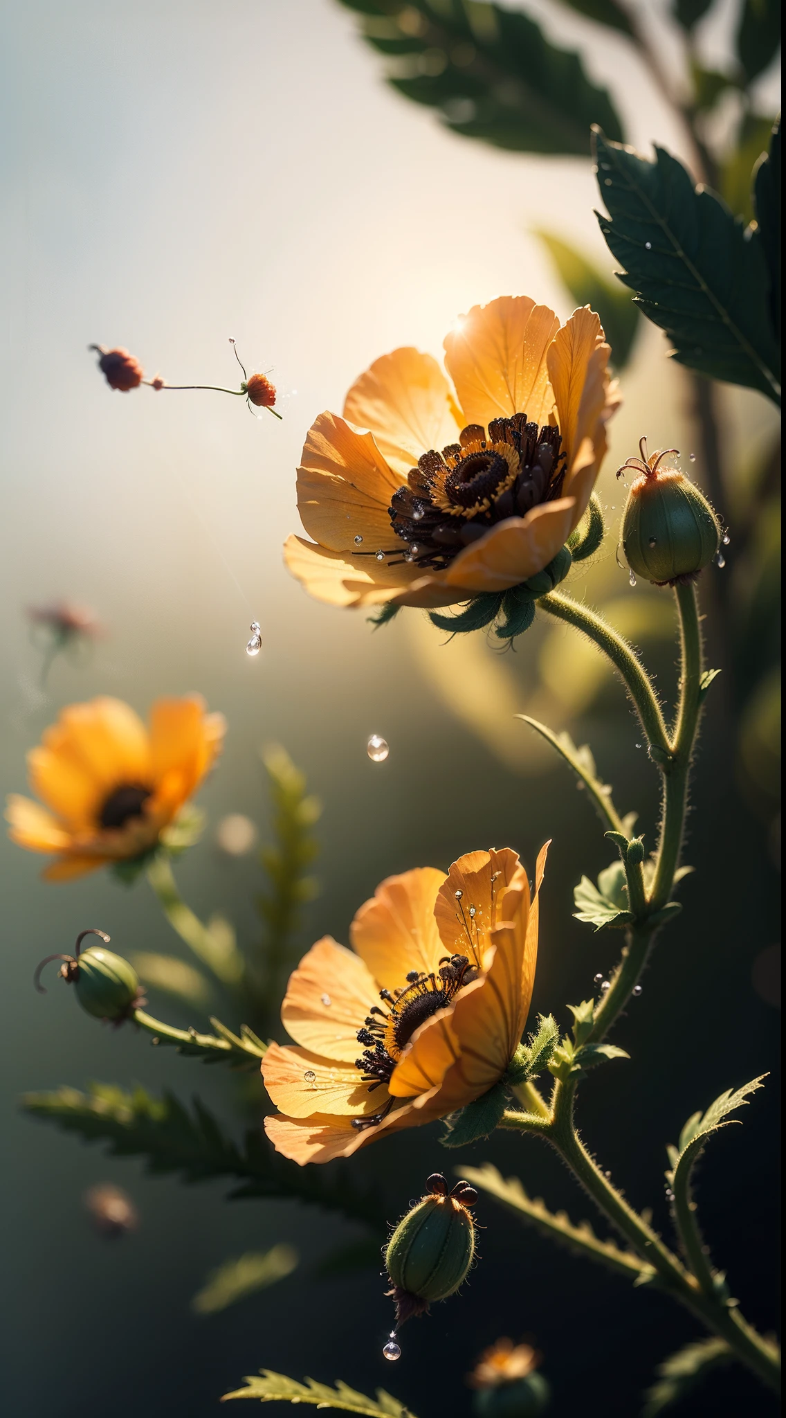 microscopic world , Masterpiece , Macro photography , cobweb, film grain, bokeh , smoke , highly detailed, Bright sunny weather, microflowers, drops, blur, realistic poppy close-up, azure background, octane render