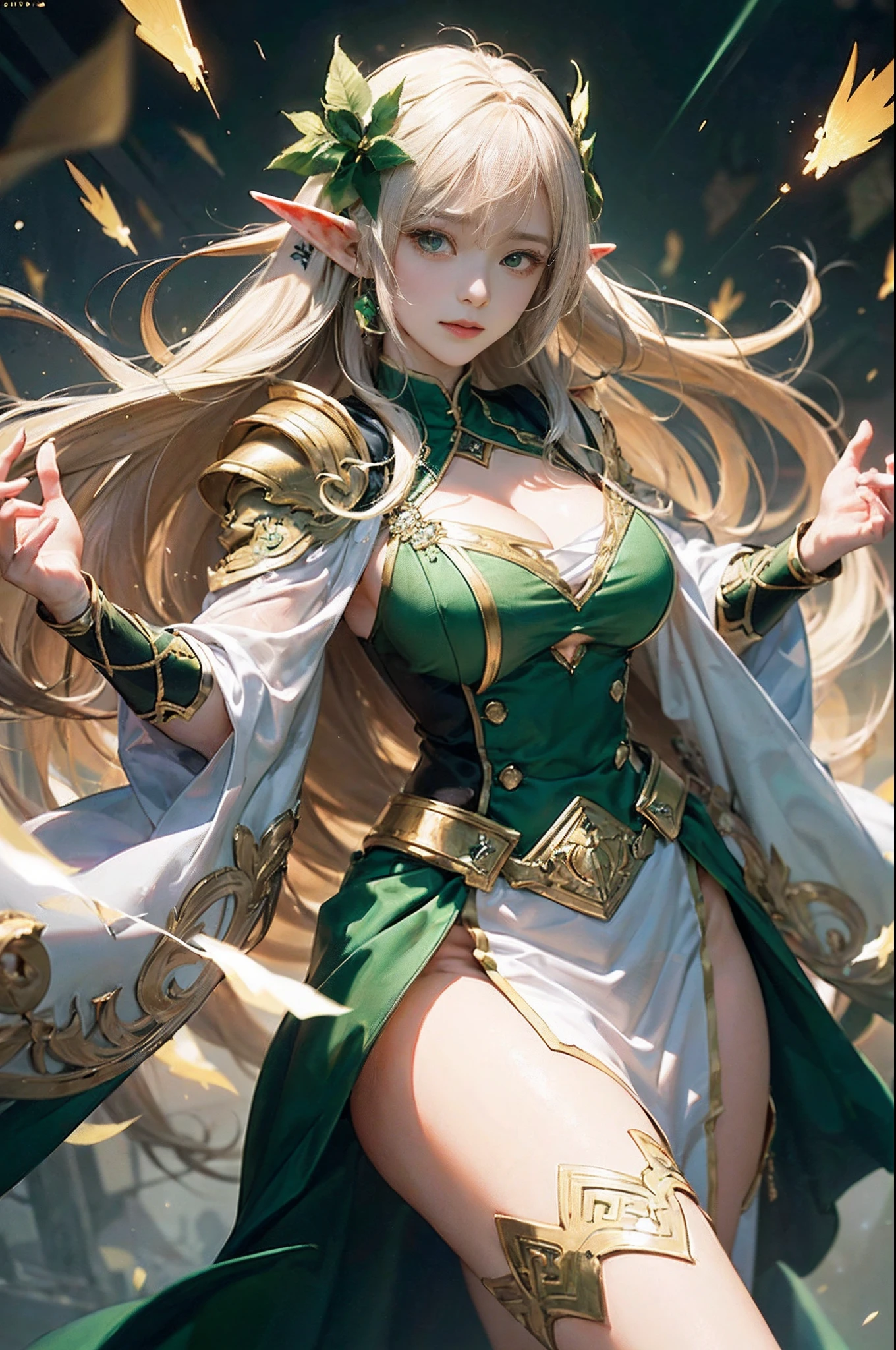 masterpiece,Highest quality,Very detailed,Elf Beautiful Girl,Long blonde hair,Very beautiful and detailed eyes,Thin legs,Long skirt, underweight,Small breasts,Beautiful peppermint green dress,Luxurious cape,A luxurious palace