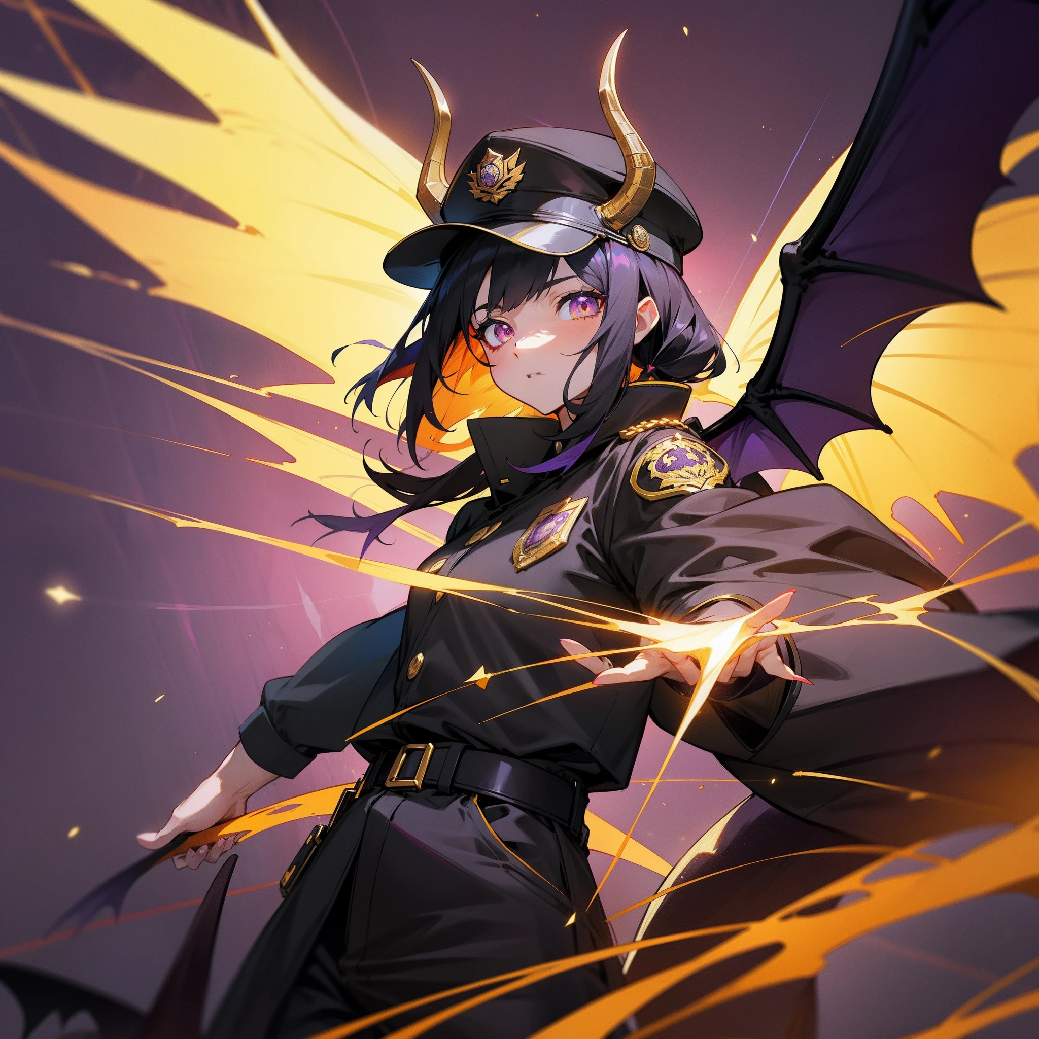 Black color hair,police hat,Golden pupils,Dragon horns,Purple dragon wings,The background is the universe,s girl,The captain's clothes,Dragon's claws ,He has a police badge on him,4K,Dingdall effect