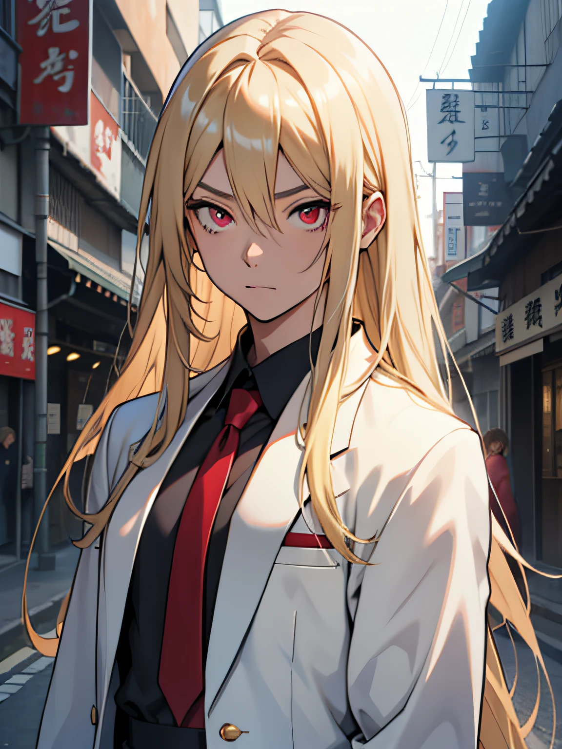 youthfulness,Long detailed hair,a blond,Clear eyes,校服,Look at viewers,suits、red eyes