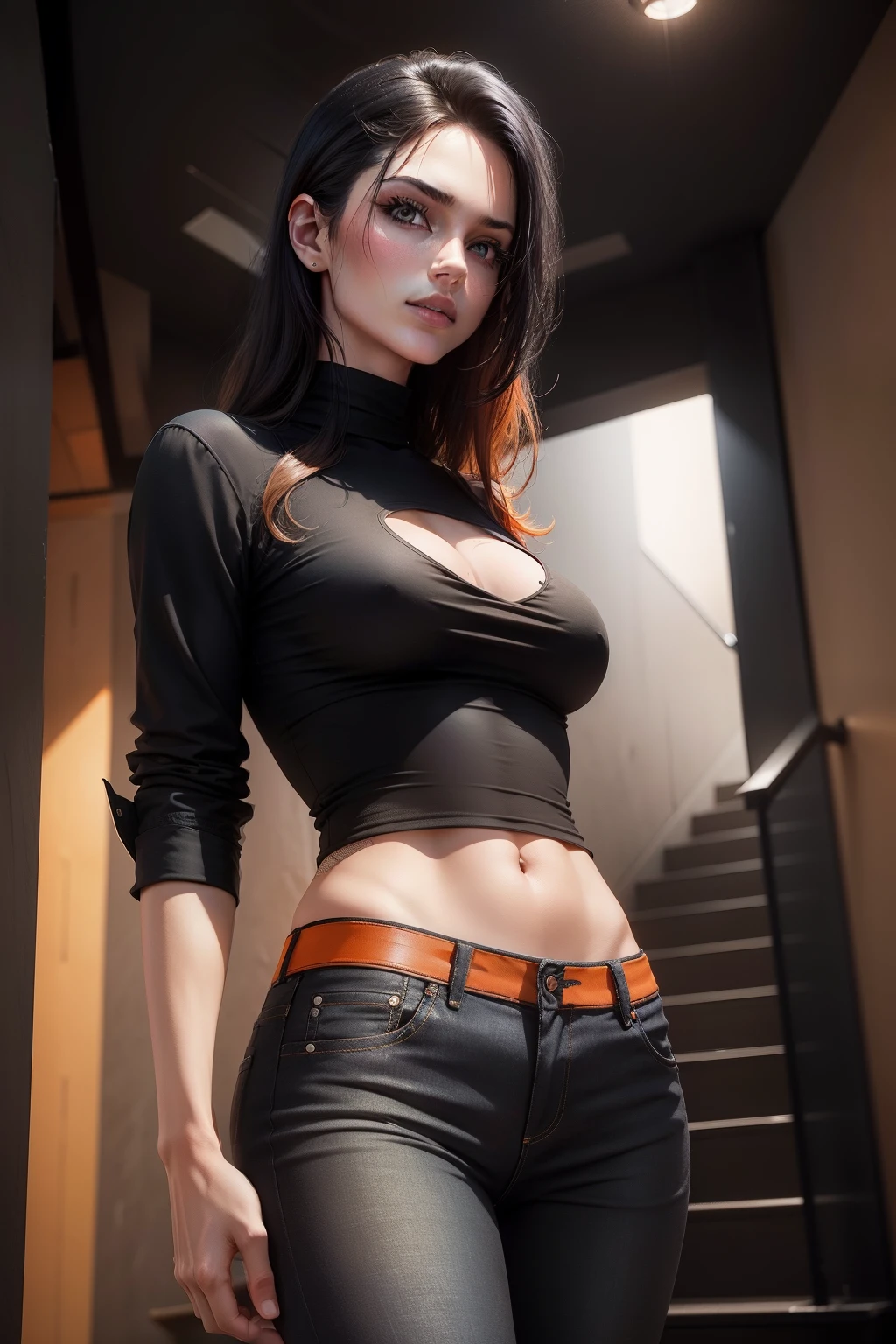 realistic photo of a model shot from below, dressed in black, with jeans and a low-cut black shirt. In the orange background with a staircase of a building. Minimal style with very bright colors, Realistic with many details on the faces and the fabric of the clothes