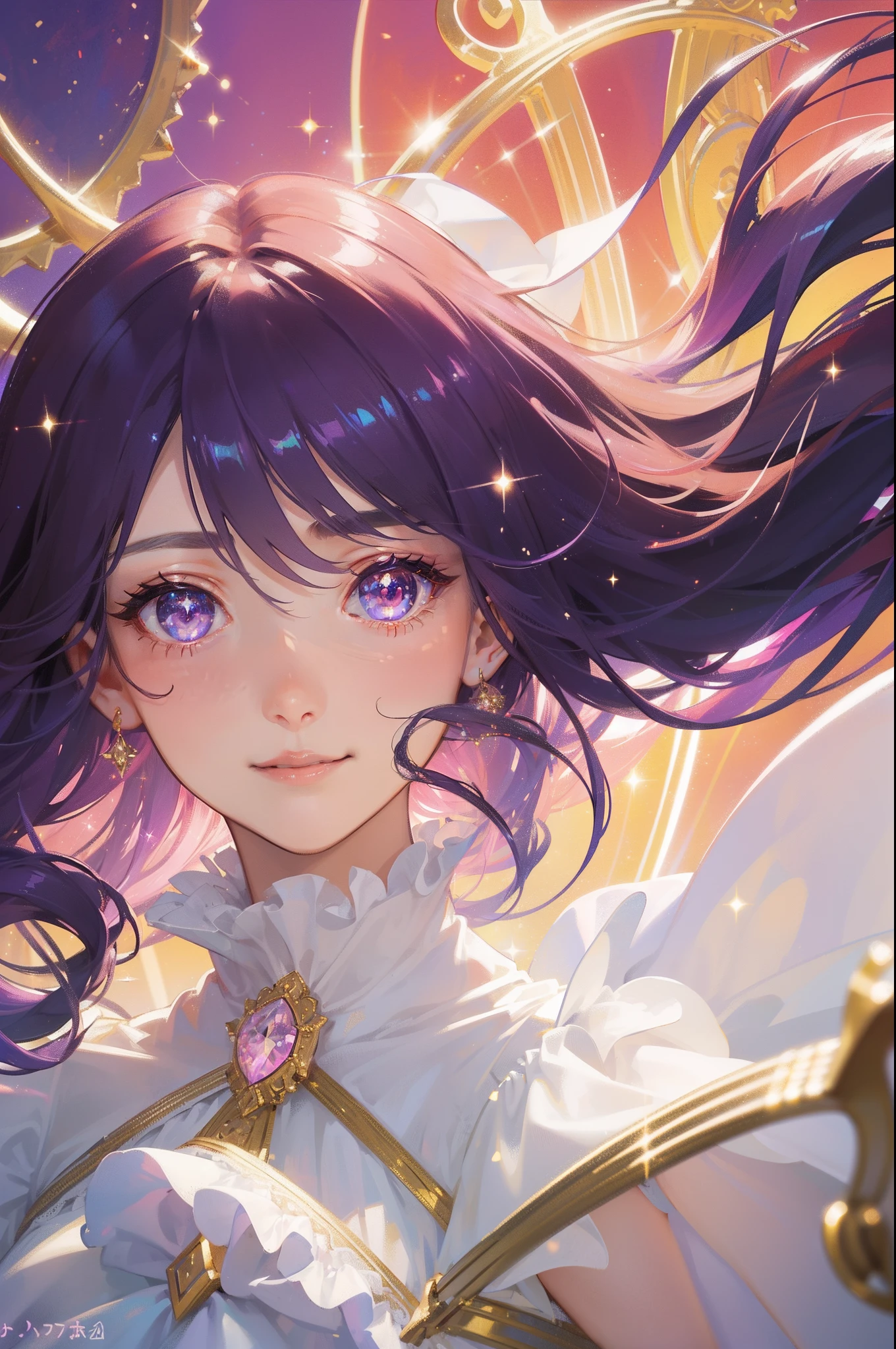 masterpiece, best quality, beautiful detailed hair detailed face, perfect feminine face, big almond-shape eyes, smile, happy, a beautiful and cute girl with sparkling and glowing purple hair, jewelry, rainbow background, frills, lace, (close-up potrait:1.2), floating hair by wind, (sparkle particle), lens flare, sharp focus, volumetric lighting