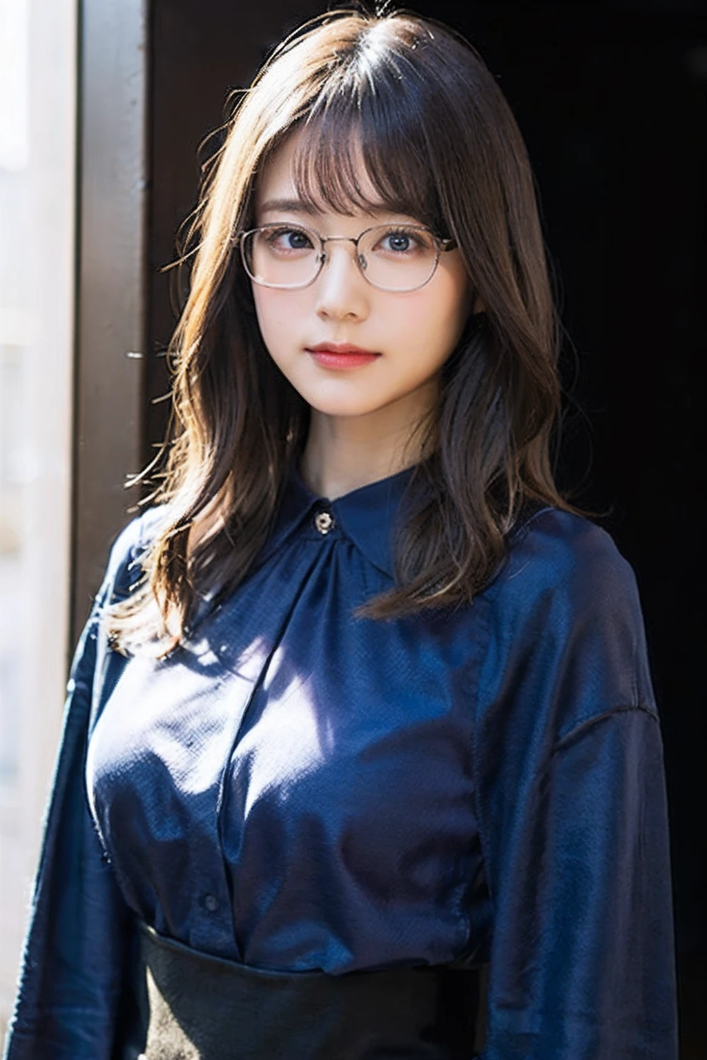 (8K、Raw photography、top-quality、masterpiece:1.2)、(realisitic、Photorealsitic:1.37)、ultra-detailliert、超A high resolution、1人、see the beholder、beautifull detailed face、A smile、Constriction、(Slim waist) :1.3)、((Light blue blouse clothes))、Beautiful detailed skin、Skin Texture、Floating hair、((length hair))、Professional Lighting、In front of the station at noon、((Black square glasses ))、Whole human body、Brown hair