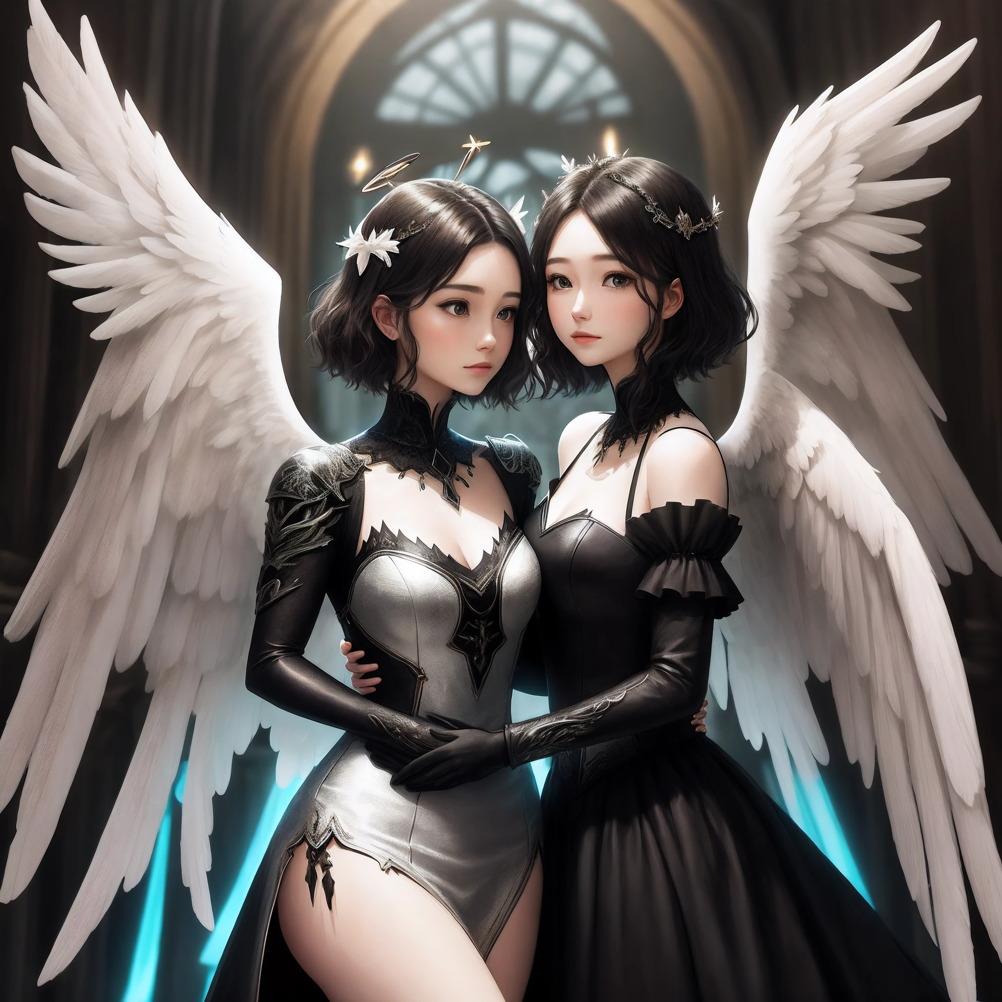 There is one man and another man. Eros and Thanatos, angel watching demon, angel against devil, angel in hell, angel protecting man, devil versus angel, battle between angels and demons, Lucifer, eros, Rob Rey and Kentarõ miura, angels and demons, cupid, angel protecting man, good and evil, 2 b