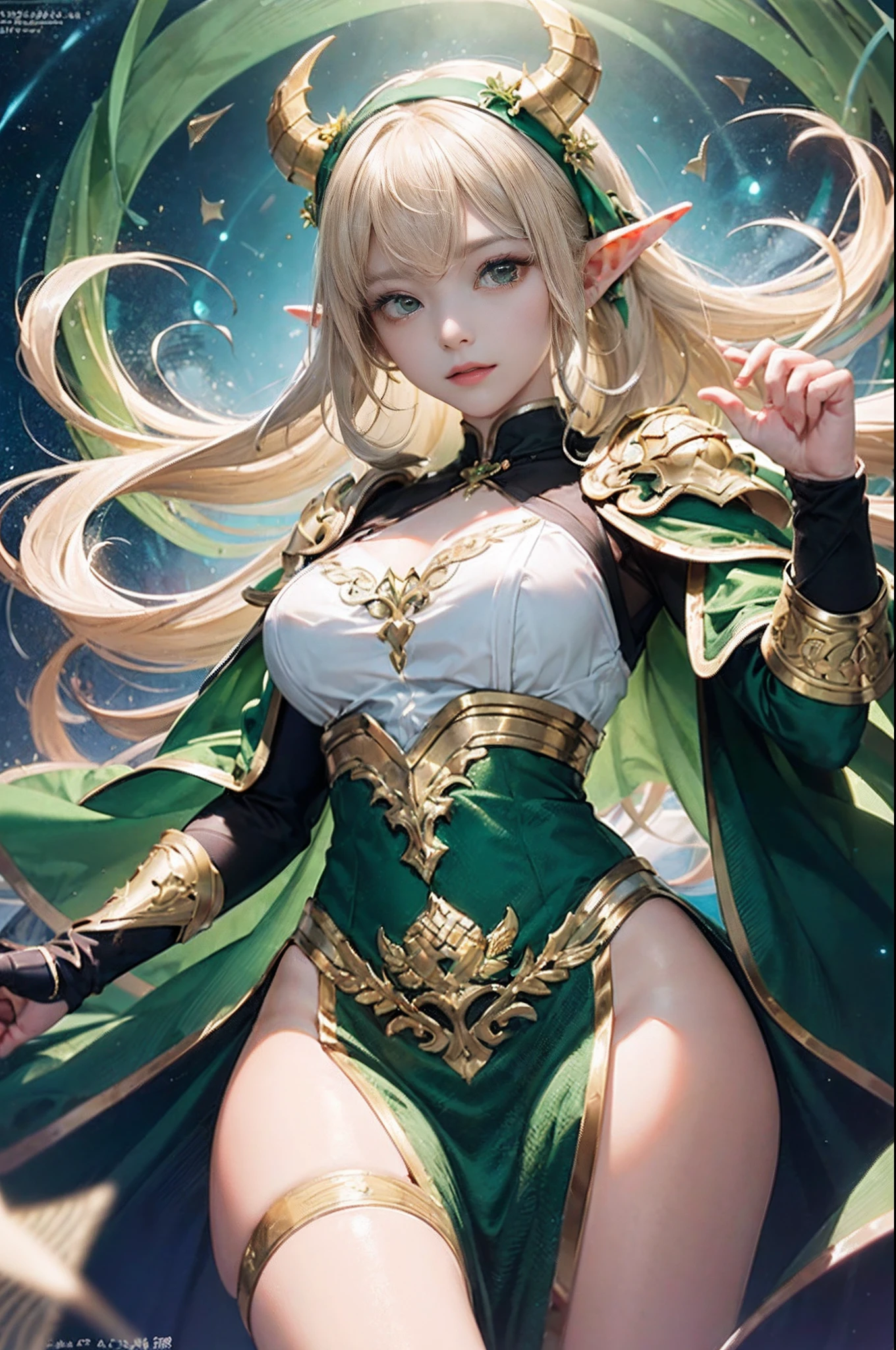 (((masutepiece、top-quality、high-detail、High and fine、8K、rialistic photo、Perfect litthing、Award-winning、Fantasia)))、1 persons、(((Elf Women)))、(Detailed face), (beautidful eyes), (Rin々Shishi Face)、(Ultra-thin white mini skirt with gold embroidery)、(Blonde long straight hair)、(glowing dark green eyes)、(Ultra-fine green cloak armor with golden embroidery)、(Golden embroidered green gauntlet)、Colossal tits、(full body Esbian)、Perfect Anatomy、(heavy wind)、(A lot of glowing grains are flying)、(Magic Chanting)、(((A vortex of light gathers in the hand)))、(((Overhead circle of light with geometric pattern and letters drawn in light)))、((Lots of glowing green arrows are emitted))、((forest at night))、Fight the army of demons、Perfect Lighting、dynamicposes
