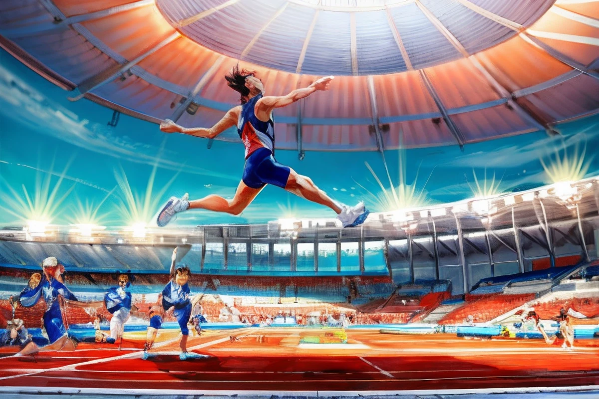 Chinese female athletes jumping in the air in a stadium, The background is translucent，author：Marvern Gray Johnson, ultra - high jump, high-speed sports photography, author：Jacob Galmain, jaw dropping, leaping into the air, photo from the olympic games, author：David Eugene Henry, author：Josh Bayer, author：Harrington Mann, photo from a spectator, author：Alice Mason