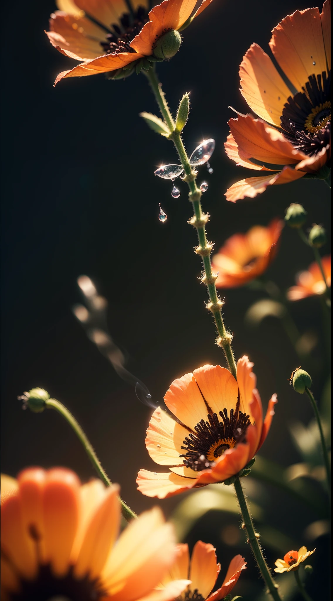 microscopic world , Masterpiece , Macro photography , cobweb, film grain, chromatic aberration, neon bokeh , smoke , highly detailed, Bright sunny weather, microflowers, drops, blur, poppy close-up