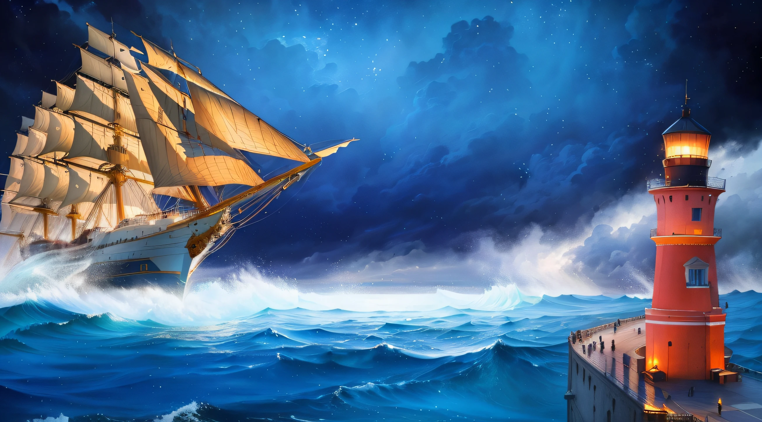Painting of ships sailing in the ocean near lighthouse, inspired by Ivan Aivazovsky, in style of aivazovsky, The style of Ivan Aivazovsky, Inspired by Carl Eugen Keele, author：Daniel Ljunggren, inspired by Jean-Léon Gérôme, Ross and Aivazovsky, a ship lost in a storm