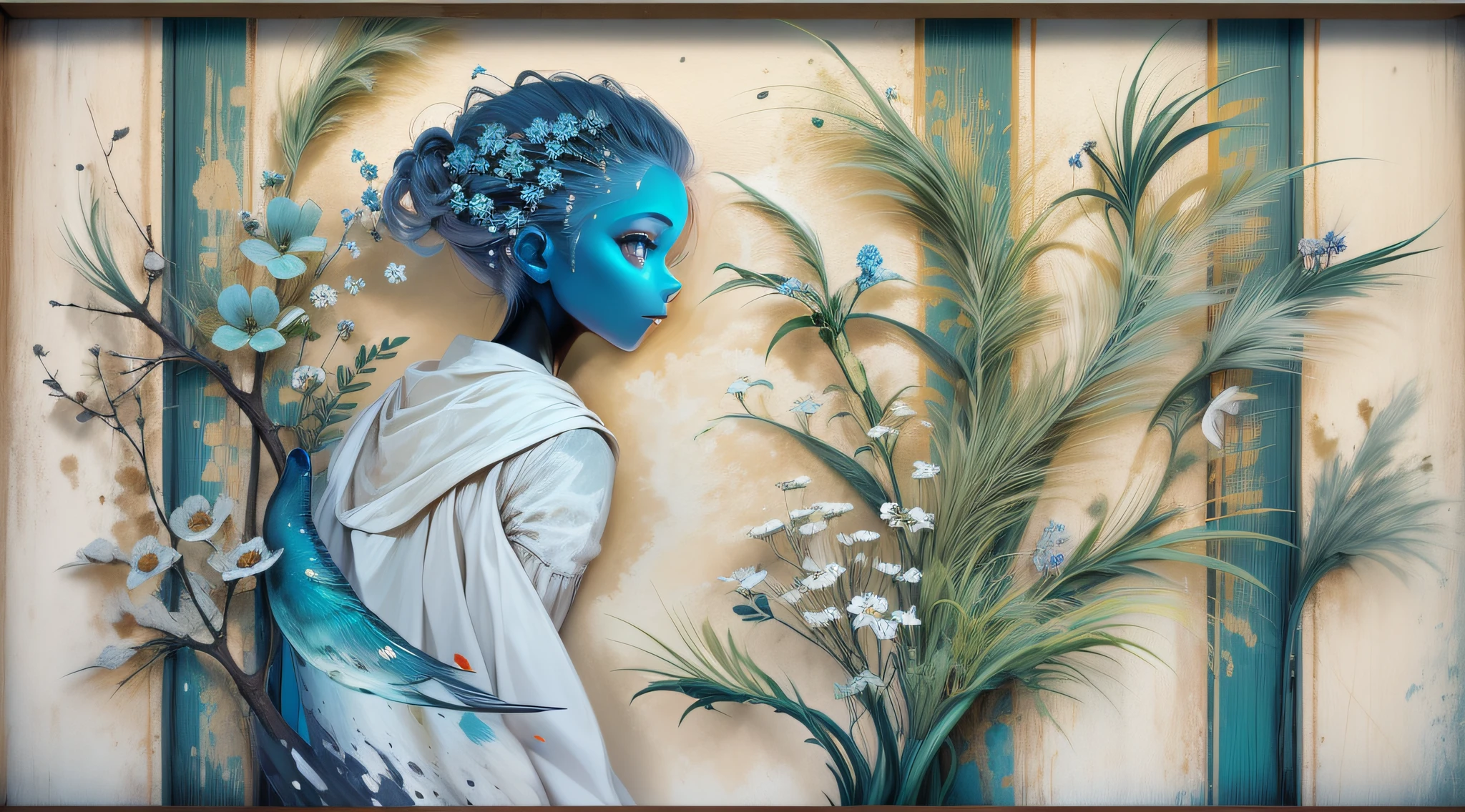 silkouette,Bluish white,Flutter in the wind,Board painting,stickfigure