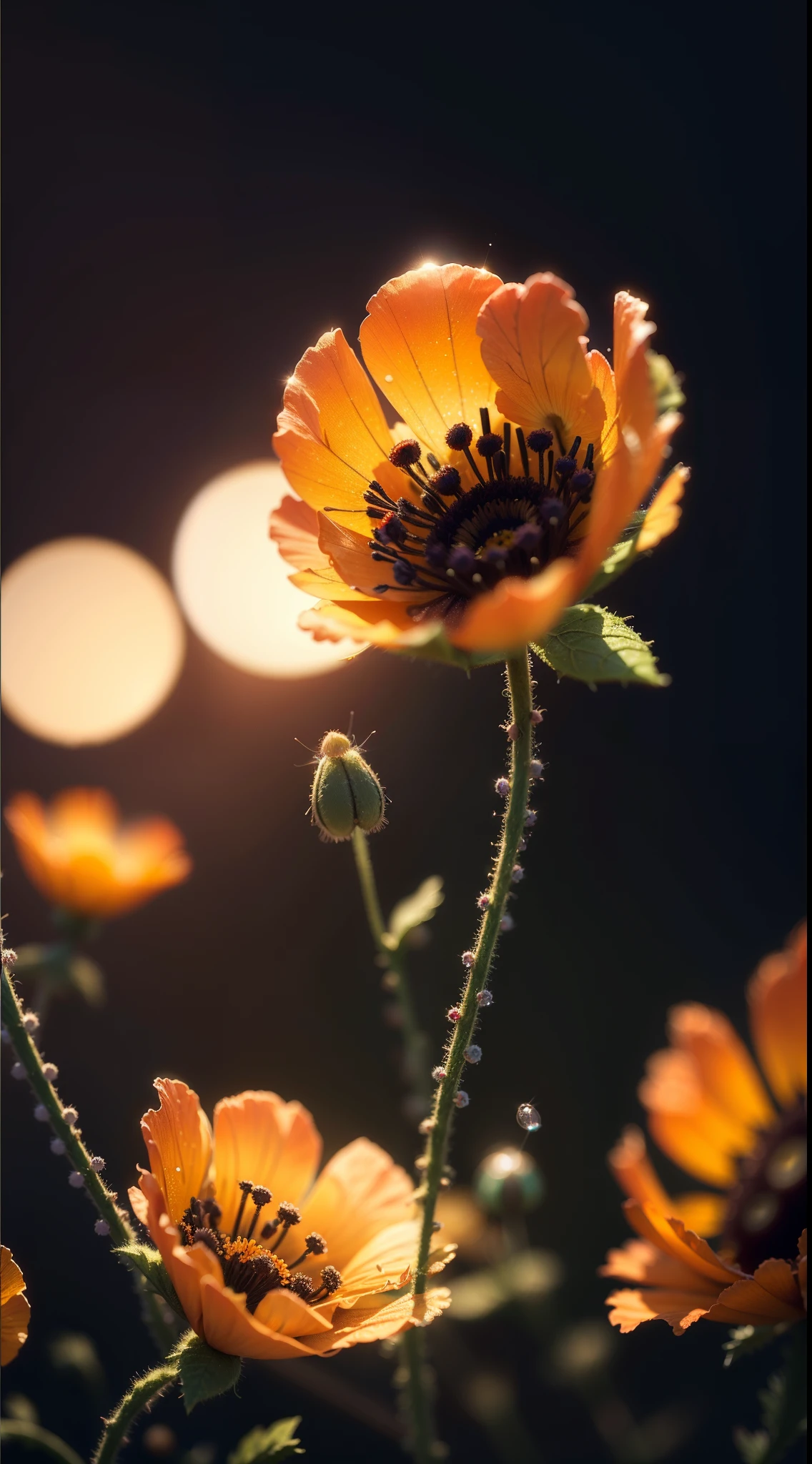 microscopic world , Masterpiece , Macro photography , cobweb, film grain, chromatic aberration, neon bokeh , smoke , highly detailed, Bright sunny weather, microflowers, drops, blur, poppy close-up