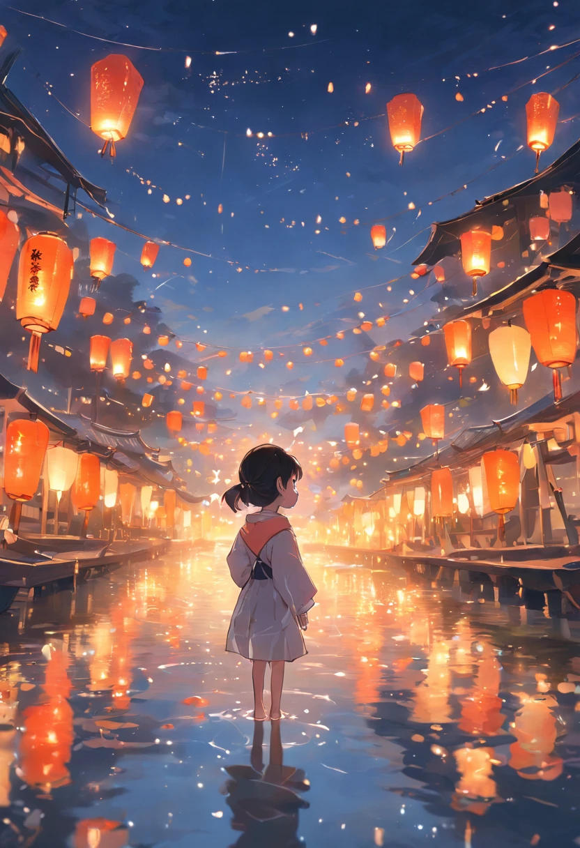 1 cute little girl put river lights by the river,Look down at the lens,Many sky lanterns are lit on the water, Floating lights, cinematic light and reflections, Glowing lights! Intermediate metaverse elements,Golden section composition,Digital painting, glowing reflections, Pondering. By Makoto Shinkai, Floating sky lanterns, calm evening. Digital illustration, beautiful ambiance, Sky lights at night, serene evening atmosphere, Beautiful digital artwork, high detal.Digital painting, beautiful ambiance,8K,Wallpaper phone,traditional Chinese festivals