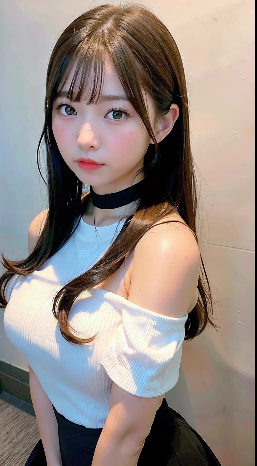 top-quality、超A high resolution、(Photorealsitic:1.4)、女の子1人、Off-shoulder white shirt、Black tight skirt、Black choker、(dark brown  hair:1)、(huge-breasted:1.2)、looking at viewert、a closeup、