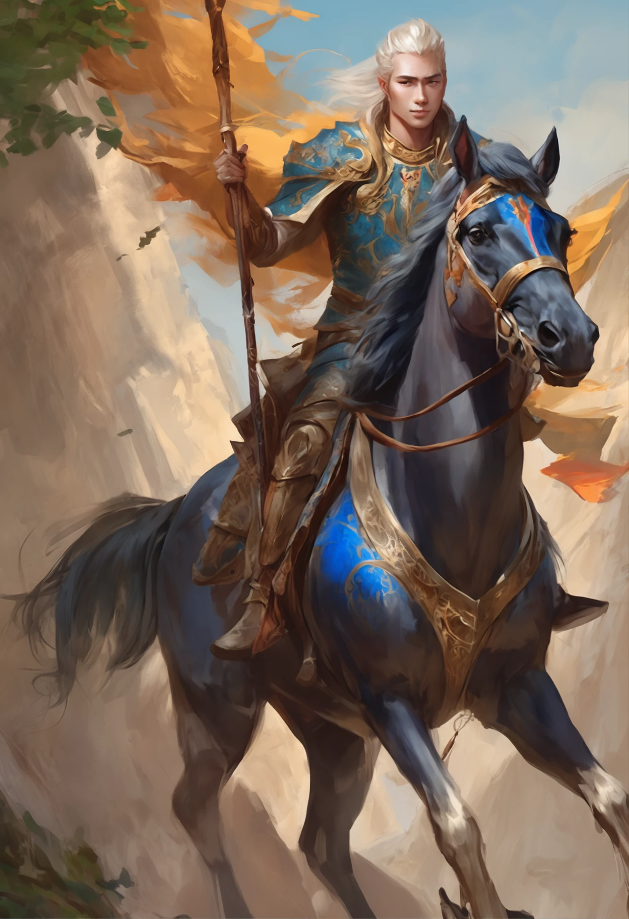 Anime - handsome elf prince riding on a horse style image, a character portrait by Yang J, Artstation contest winner, Fantasy art, chengwei pan on artstation, Epic fantasy digital art style, G Liulian art style, fantasy male portrait, 2. 5 D CGI anime fantasy artwork, Guviz-style artwork，Exquisite and perfect facial features，美丽细致的眼睛，long eyelasher，Delicate eyeliner，Blue eyes，Dark pupils，There are highlights in the eyes，Beautiful lip details，8K high-definition，anatomy correct，Oil painting thick painting style，Long messy white hair