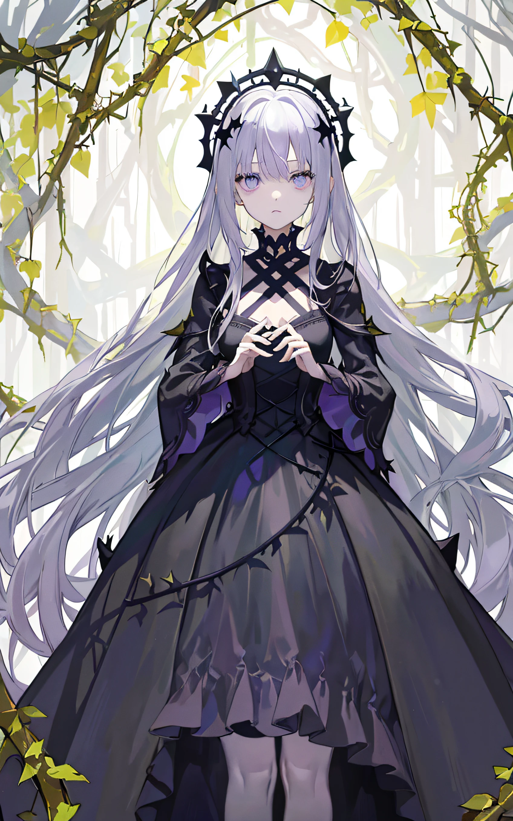 ((masterpiece:1.4, best quality))+, (ultra detailed)+,(ultra detailed eyes)+,
(cute 1girl),,(violet eyes:1.15),silver hair, very long hair,(wariza:1.2),pale skin,closed mouth,sad,
(She is dressed in a gown made of intertwining vines:1.5),(flat chest:1.2),(vines dress:1.4),(dress made of vines:1.2),(surrounded by vines:1.4),
(despair:1.3),gothic,
(dark yellow vines:1.3),leaves,(vines tree:1.1),
(dawn light:1.2),violet,
(heavy Monochrome:1.16),(depth of field:1.4),