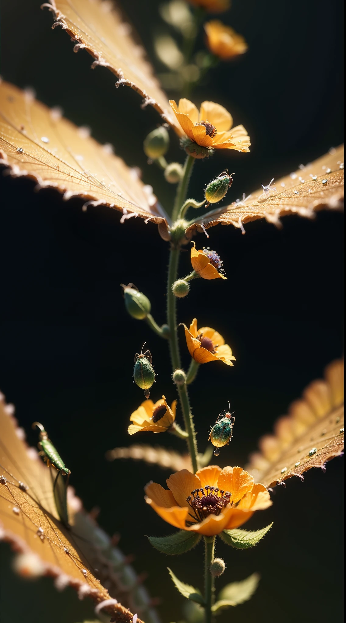 microscopic world , Masterpiece , Macro photography , cobweb, film grain, chromatic aberration, neon bokeh , smoke , highly detailed, Bright sunny weather, microflowers, drops, blur, poppy close-up, mantis