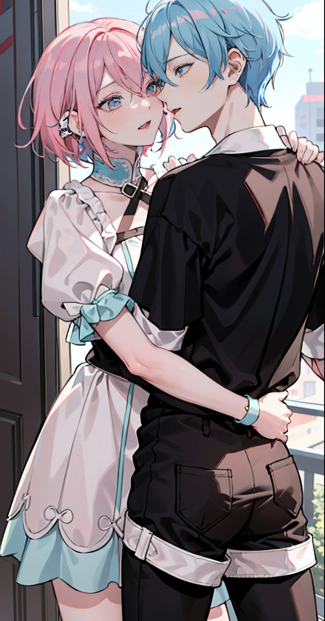 Male and female couples, Idol couple, Idol Photos, Magazine covers, Photos of actors, Professional Photos, Height difference, tall, Happiness, youthfulness, lovey-dovey, Deep kiss, Juice dripping from the mouth, extra detailed face, detailed punk hair, very detailed character, inspired by Sim Sa-jeong, single realistic face, Cai Xukun's, detailed realistic faces, highly detailed realistic face, high detailed face anime, realistic detailed face, Accurate detailed face, attractive androgynous humanoid, Black Casual Idol Costume, ((Man with light blue hair)), ((Woman with pink hair)), ((Woman with long hair below waist)), ((Man with short hair over ears)), ((Pink hair woman with gentle expression)), ((Man with light blue hair with wild expression)), high-level image quality, masterpiece, Photographed so that the whole body can be seen, Photographed to make clothes look beautiful, Take your eyes off, ((two individuals)), ((Woman hugging man from behind))