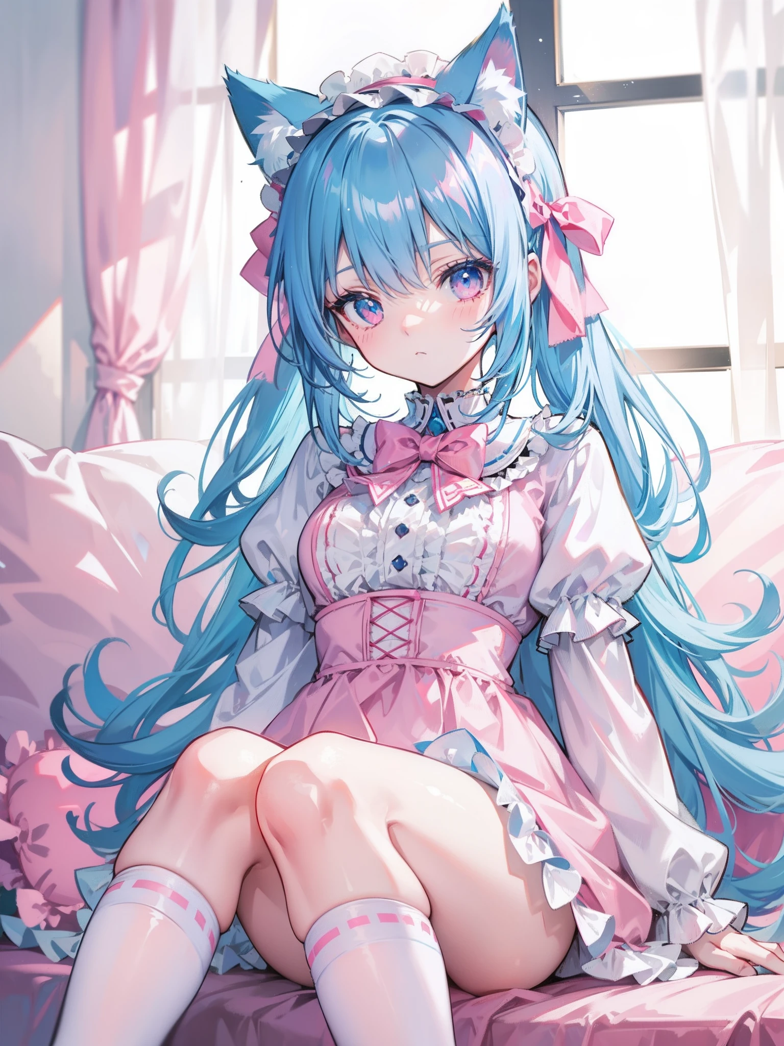 lightblue hair，Cat ears，Pink eyes，Light blue ta，White  socks，pink bows，inside in room，sitting in the couch，liveroom