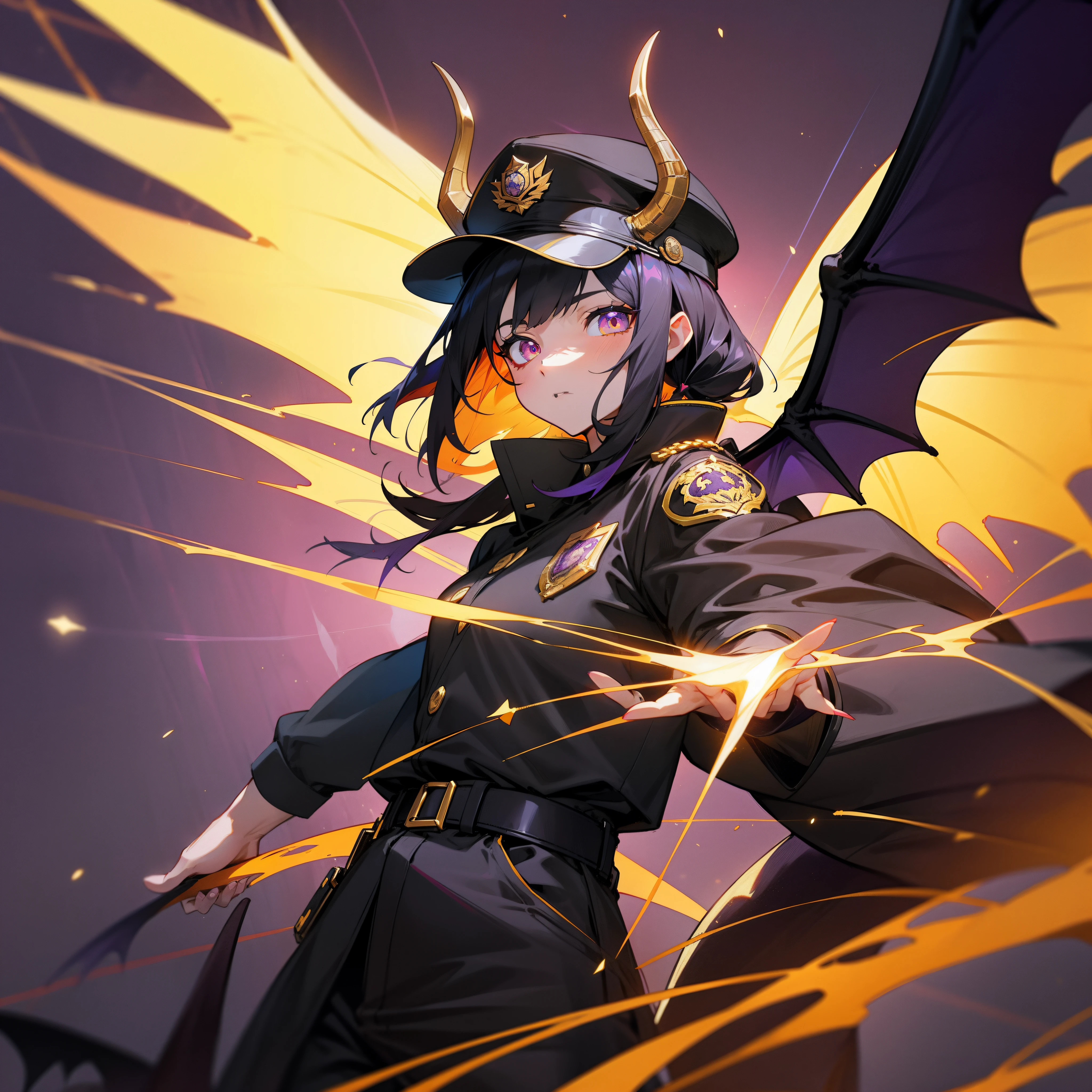 Black color hair，police hat，Golden pupils，Dragon horns，Purple dragon wings，The background is the universe，s girl，The captain's clothes，Dragon's claws ，He has a police badge on him，4K，Dingdall effect