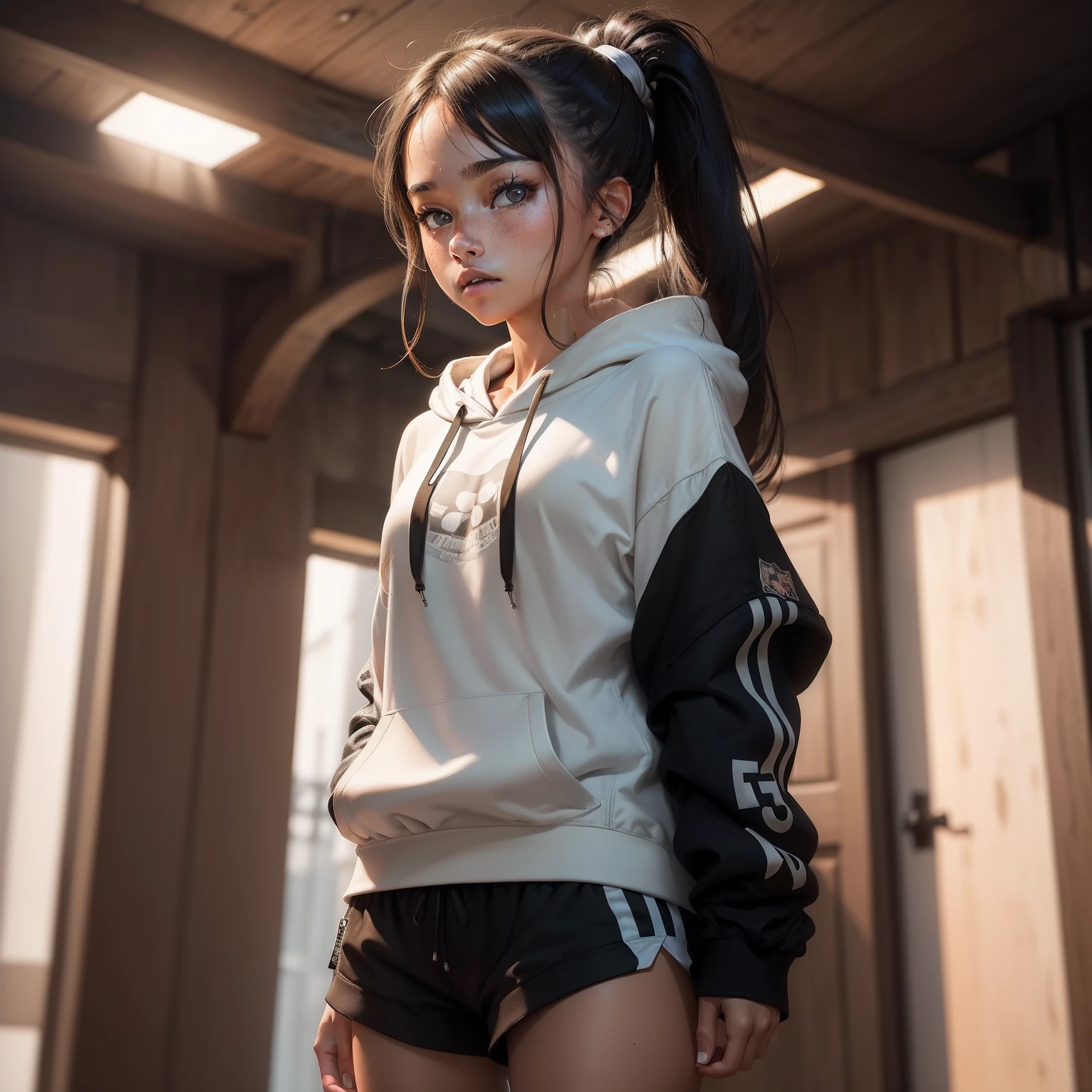 ((masterpiece, best quality)),(complex light),solo,solo focus,1girl, ronnie anne, ,hoodie, shorts, black eyes, tan skin, ponytail, standing, freckles