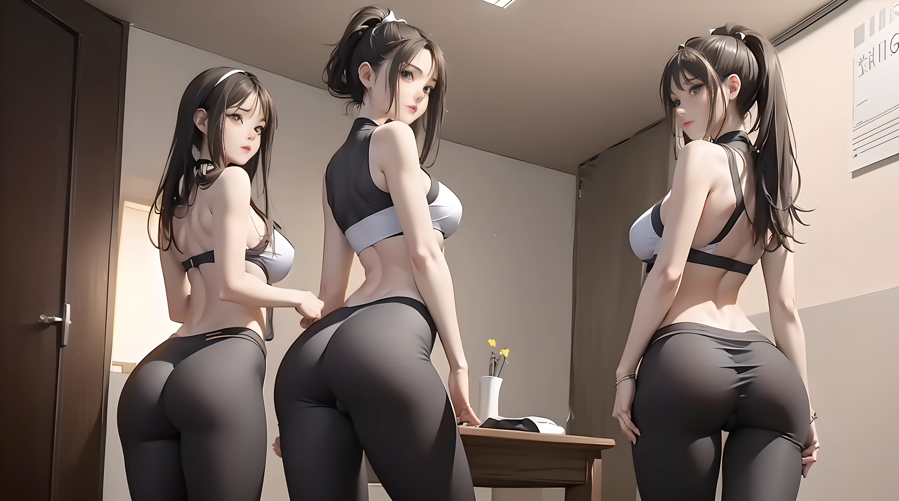 8K, Masterpiece, RAW photo, Best quality, Photorealistic, Extremely detailed Cg Unity 8K wallpapers, Cinematic light, Lens flare, Ray tracing, (Extremely beautiful face, Beautiful lips, Beautiful eyes), intricate detail face, ((ultra detailed skin)) 1girll, (The background is blurred out), (No one is in the background), (Pale skin), Face forward, (Big eyes), ((Low-rise gray leggings ), ((Low-rise gray leggings)),((Dimples on the back are exposed)), (Return to Display), (pony tails) ,Plump breasts, Very slim, Round butt,Woman in gray low-rise leggings standing on yellow floor, Thin waist, photo of slim girl model, Slim waist, Young sexy elegance, Thin body, Slim, Slender waist, side pose, Back - View, fit dainty figure, Petite body, posterior view, soft light from the side