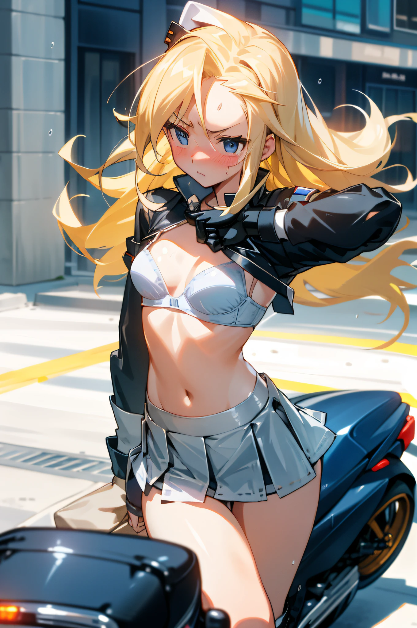 (((Miniskirt police)))), small breasts that began to swell, (((white bra))), blonde Russian, long hair, sweat on the chest, soaked, very embarrassed, battle mode, skirt flipped by the wind, 18 years old, beautiful and cute, chasing criminals, chasing in the city, ((straddling a motorcycle)),