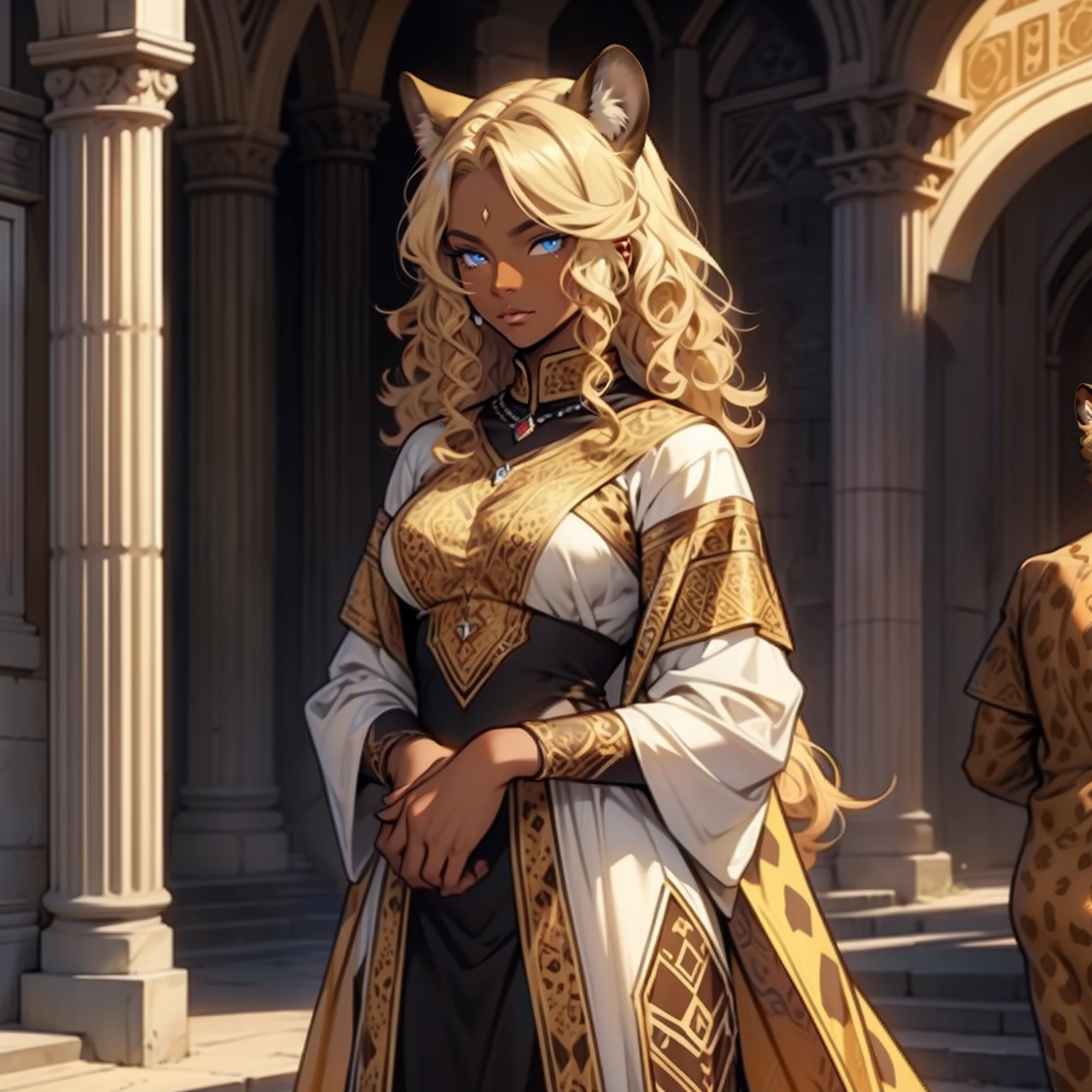 Dark Skin Woman. Cheetah Woman. Blue eyes. Blond hair. Dark skin Woman. Medieval art. Curly Hair. Curly Blond Hair. Alone. DARK SKIN. Cheetah Ears