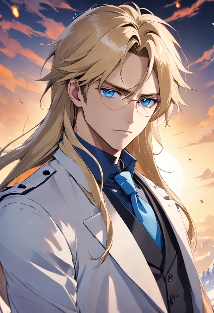 Best Quality, very detailed beautiful face and eyes, Long hair, Blonde low-tied longhair, Blue eyes, flat chest, White trench coat, Small arm muscles, Male Hands, male eyebrows, Male Eyes, Half-closed eyes, sharp long nose, Men's Glasses, (Black Gloves:1.2), (Blue winter scarf:1.3), (White suit:1.4) White vest, ((blue necktie)), Blonde tied hair, Blonde Low Long Ponytail