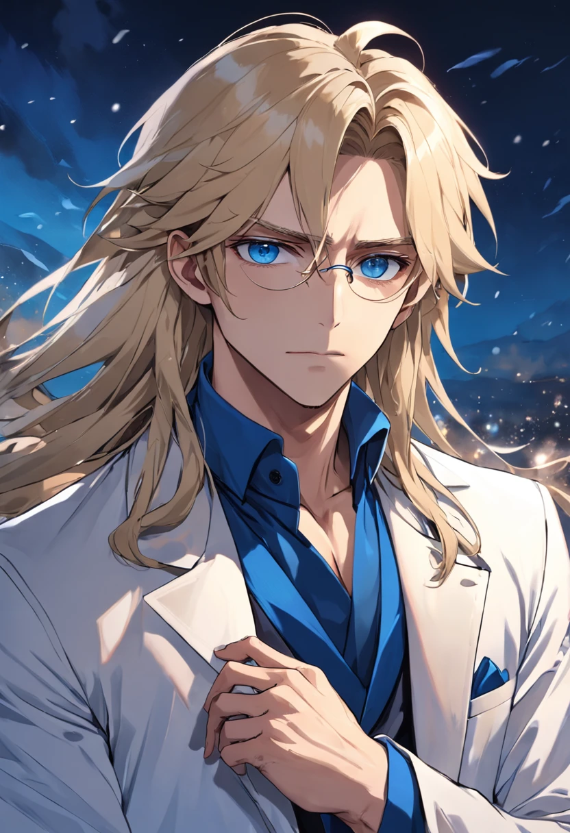 Best Quality, very detailed beautiful face and eyes, Long hair, Blonde low-tied longhair, Blue eyes, flat chest, White trench coat, Small arm muscles, Male Hands, male eyebrows, Male Eyes, Half-closed eyes, sharp long nose, Men's Glasses, (Black Gloves:1.2), (Blue winter scarf:1.3), (White suit:1.4)　　White vest, ((blue necktie)), Blonde tied hair, Blonde Low Long Ponytail