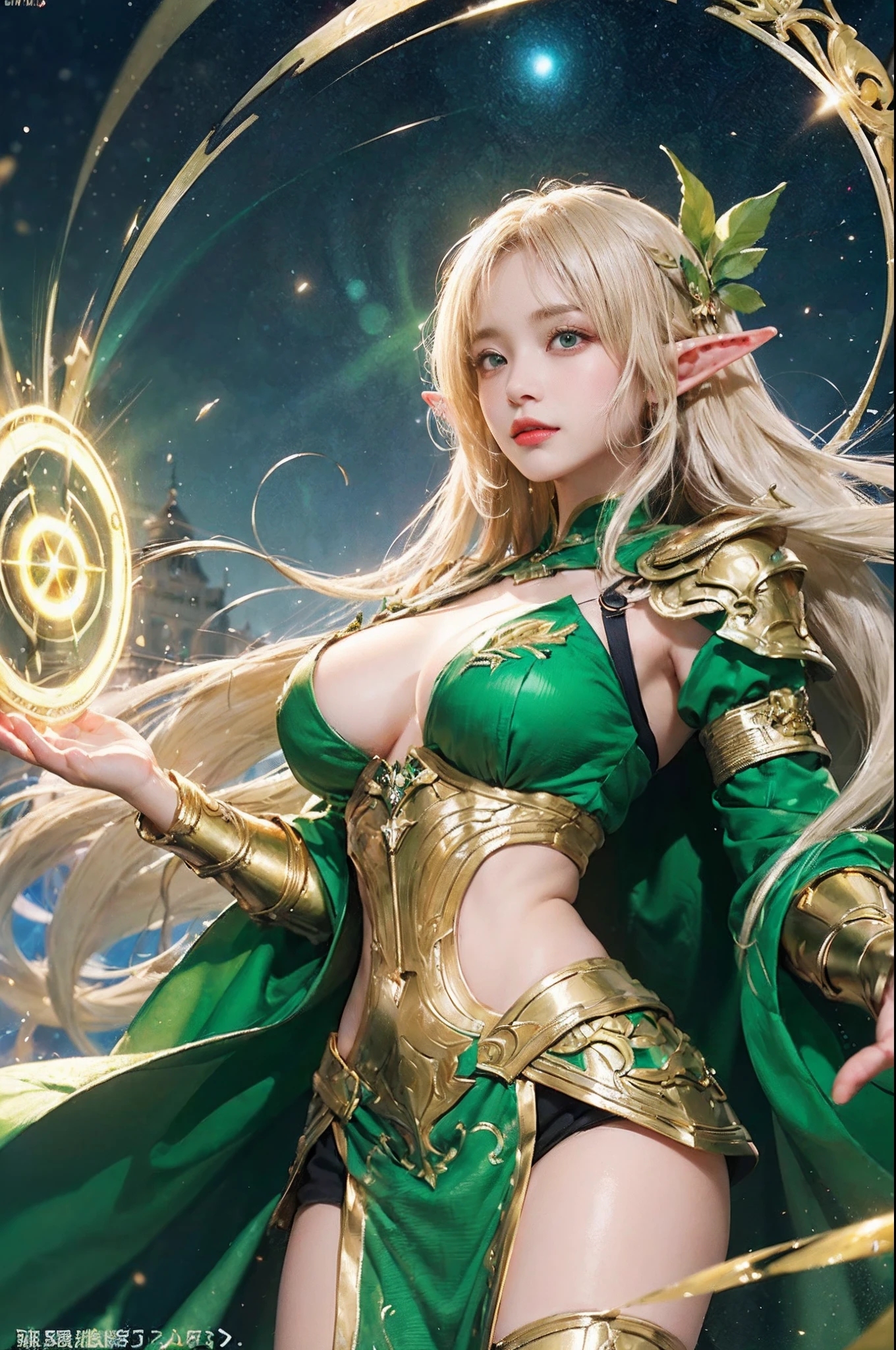 (((masutepiece、top-quality、high-detail、High and fine、8K、rialistic photo、Perfect litthing、Award-winning、Fantasia)))、1 persons、(((Elf Women)))、(Detailed face), (beautidful eyes), (Rin々Shishi Face)、(Ultra-thin white mini skirt with gold embroidery)、(Blonde long straight hair)、(glowing dark green eyes)、(Ultra-fine green cloak armor with golden embroidery)、(Golden embroidered green gauntlet)、Colossal tits、(full body Esbian)、Perfect Anatomy、(heavy wind)、(A lot of glowing grains are flying)、(Magic Chanting)、(((A vortex of light gathers in the hand)))、(((Overhead circle of light with geometric pattern and letters drawn in light)))、((Lots of glowing green arrows are emitted))、(the woods)、natta、Fight the army of demons、Perfect Lighting、dynamicposes
