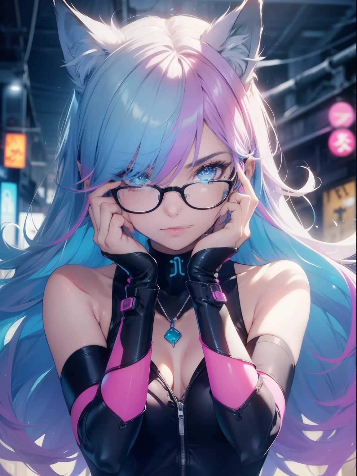 Anime style, (Cat ears), realistic shadow, realistic lighting, (neko mimi), Rainbow color effect, ((cybernetic)), (glasses), collarbone, side cut, looking at viewer, blurry background, necklace, neon, freckles, (best quality), (high resolution), (sharp focus), (ultra detailed), (extremely detailed), (extremely high quality artwork), flawless, (((masterpiece))), vibrant colors,(intricate), High contrast, strong shadows, HDR (High Dynamic Range), Post-processing, Background blur, top rated on pixiv, (((liquid paint hair:1.1,thick flowing,shiny hair: 1.3,vibrant colored hair))), perfect eyes,beautiful detailed eyes,rainbow glows ultra-detailed deep purple eyes:1.1,gradient eyes:1, wide hip,athletic body,delicate detailed fingers,detailed body,detailed arms,human hands,detailed hands,), cute, (wearing a Neon color theme clothing:1.3),fluorescent and neon clothing, (dynamic pose:1.0)