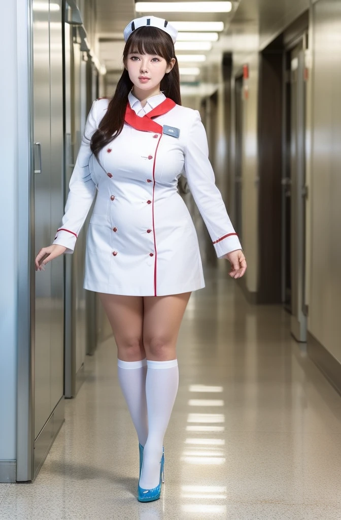 Full body shot, gigantic boobs、The ultimate beautiful girl at 20 years old、plump fatty curvy buxom figure,cute very beautiful face、Long bangs that extend to the eyes, nose and mouth、The most beautiful brunette hair in the world、Super long straight hair、twin tails hairstyle,Glowing big beautiful light blue eyes、White and beautiful shiny skin, wearing a white nurse uniform, white overknee socks and high heeled stilettos, talking with a male colleague in the hallway