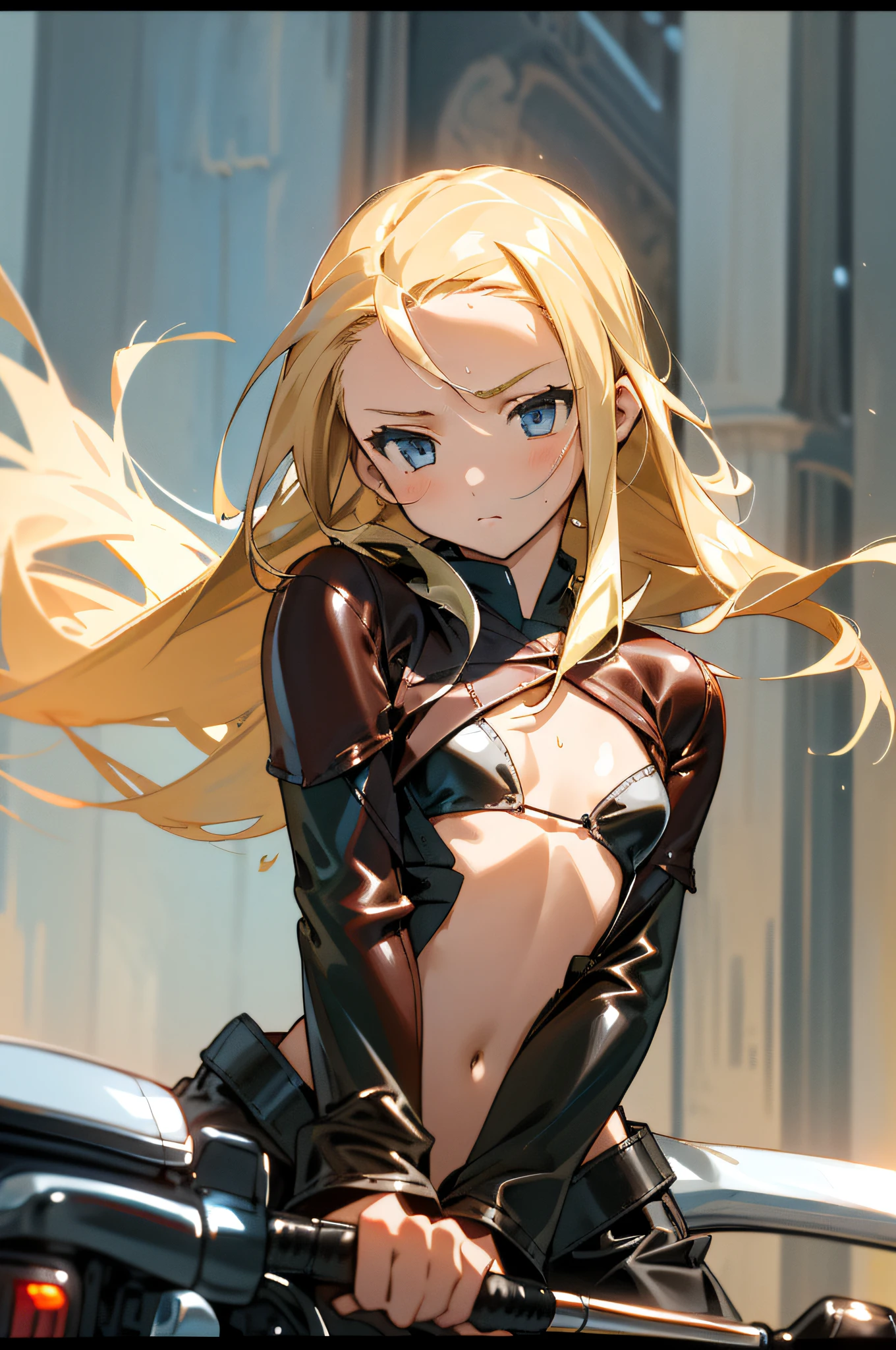 ((((Junior high school girl in a leather-bound rider suit))))), ((The chest of the suit is wide open)))), ((Small breasts that have begun to swell)), ((White bra)), Blonde Russian, Long hair, sweat on the chest, soaked, very embarrassed, Battle mode, Skirt is flipped by the wind, 18 years old, Beautiful and cute, Chasing the criminal, chasing in the city, (( straddling a motorcycle)),