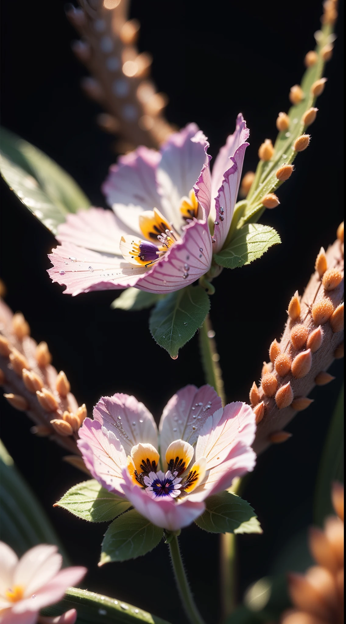 microscopic world , Masterpiece , Macro photography , cobweb, close up, film grain, chromatic aberration, neon bokeh , smoke , highly detailed, Bright sunny weather, microflowers, drops, blur, pansy, viola tricolor close-up, mantis