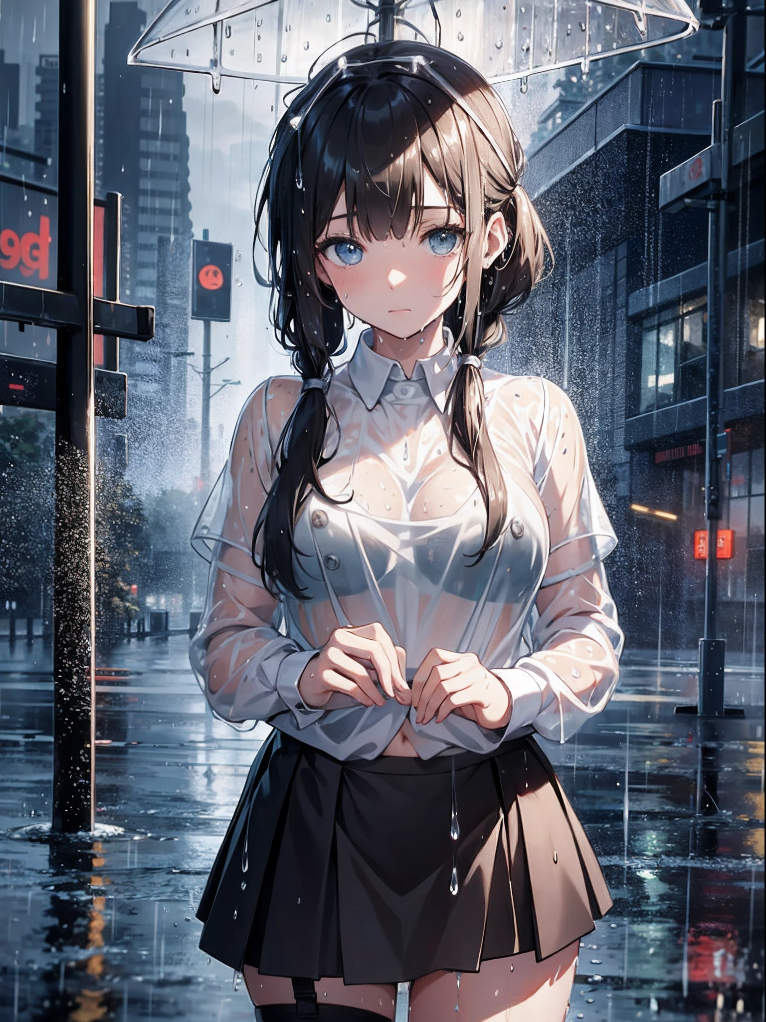 absurderes,(masterpiece、top-quality、8K ),intricate detailes,ultra-detailliert、One Cute Beautiful Girl、poneyTail、(Wet,Heavy rain:1.5),White blouse ,Black tight skirt、Bra is sheer,(Composition from below:1.2), Upper body、looking distantly、outfield,、In the city at night、rain is falling、Hyper realistic,Perfect Anatomy