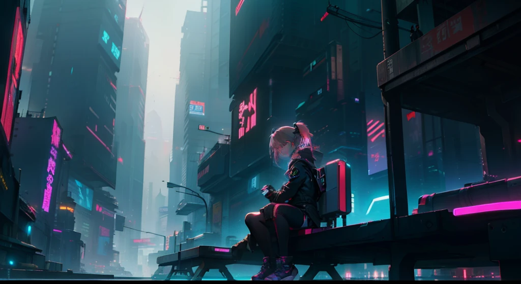 Cyberpunk landscape of futuristic city。There is a girl sitting on the platform of a lonely station facing us sideways.。Girl sits quietly in gym、Looking at the observer with big eyes。The neon lights of skyscrapers cast a lonely light around、Sharing loneliness with a girl。This lonely scenery、What kind of story will we spin in the future?、Imagination expands。