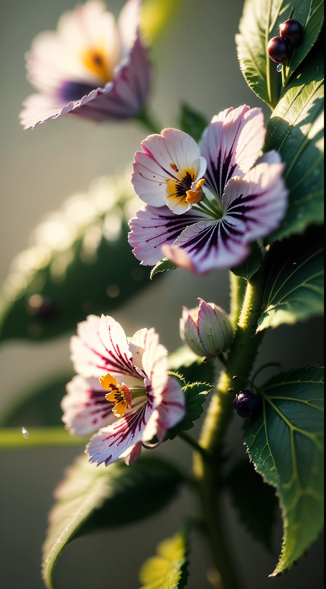 microscopic world , Masterpiece , Macro photography , cobweb, close up, film grain, chromatic aberration, neon bokeh , smoke , highly detailed, Bright sunny weather, microflowers, drops, blur, pansy, viola tricolor